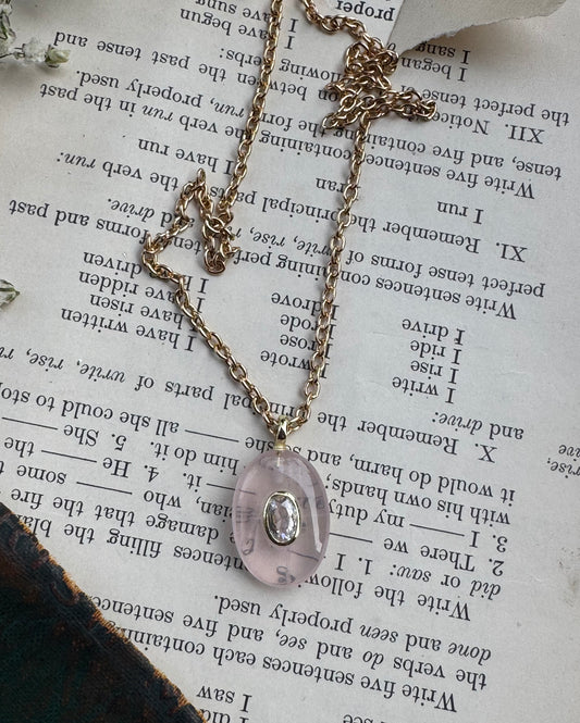 rose quartz, clear crystal, gold metal, drop necklace