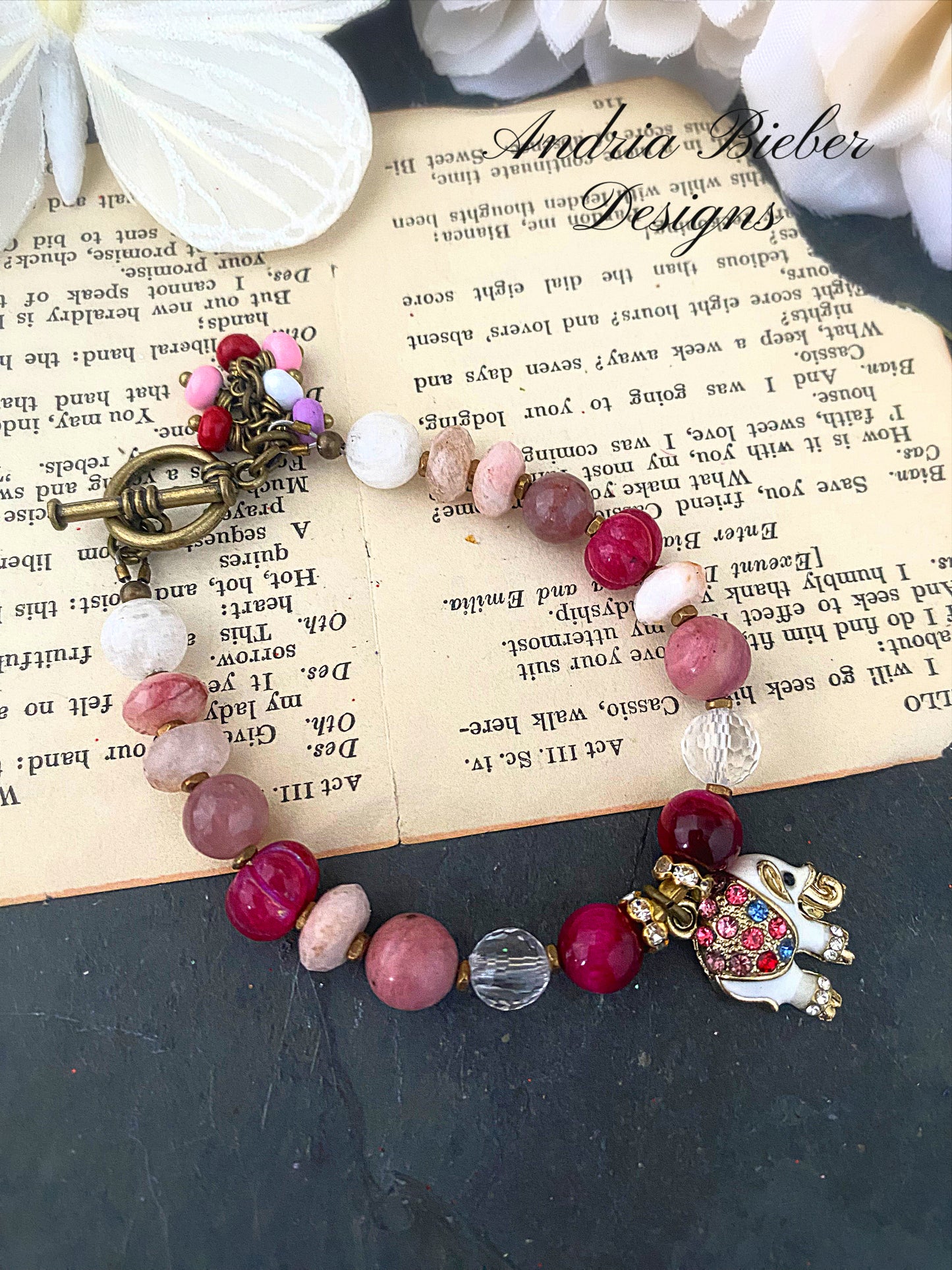 Pink gemstone mix, elephant crystal charm bracelet