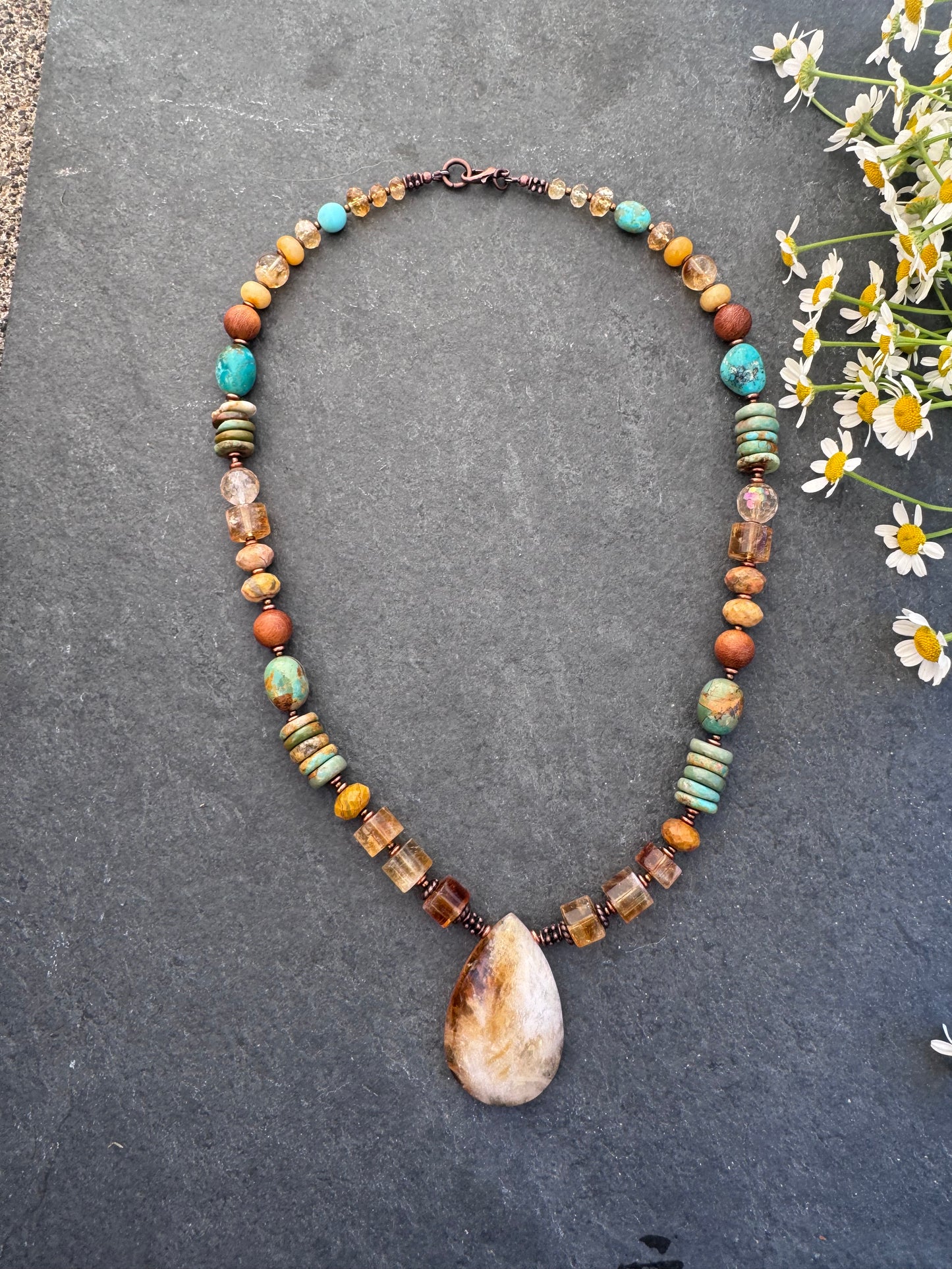 Turquoise, citrine, agate, copper metal, necklace