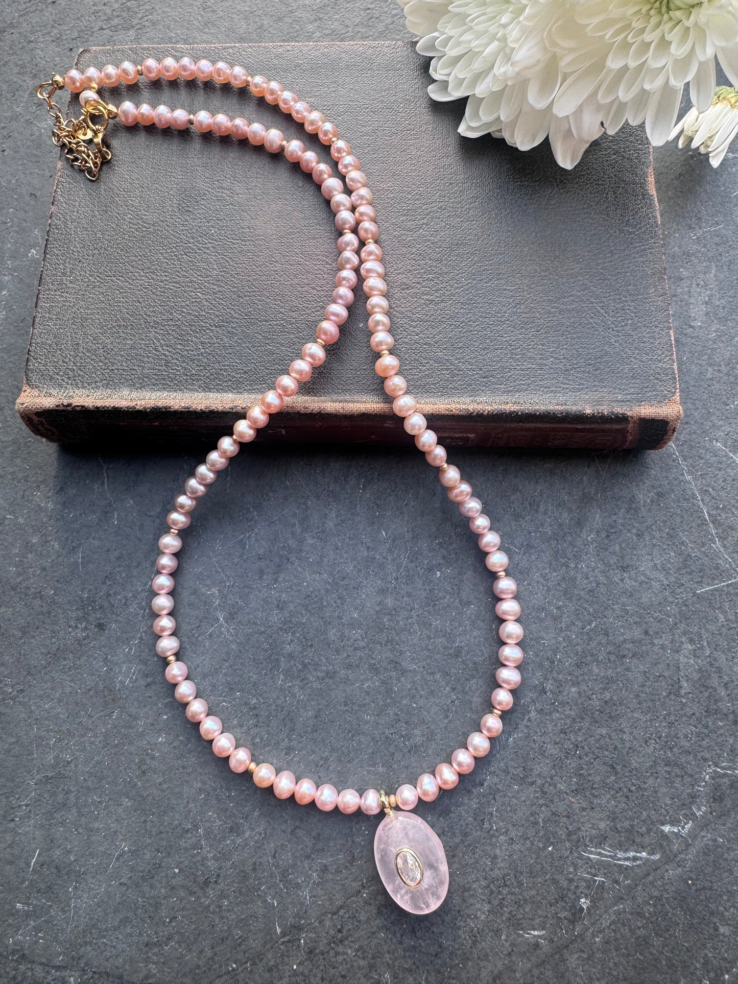 Pink Freshwater pearls, rose quartz drop, and gold metal, necklace