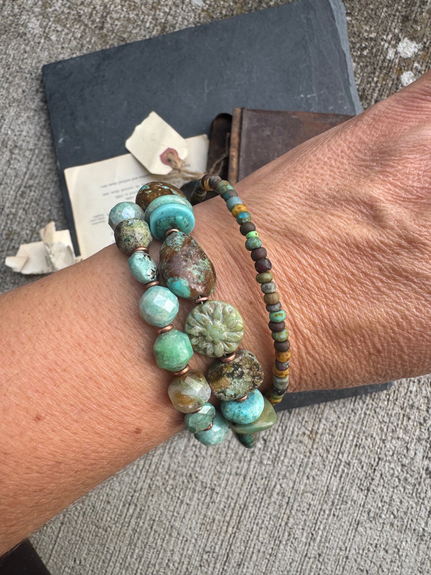 Turquoise, Amazonite, Chrysoprase stone, Czech glass, copper, leather, bracelet