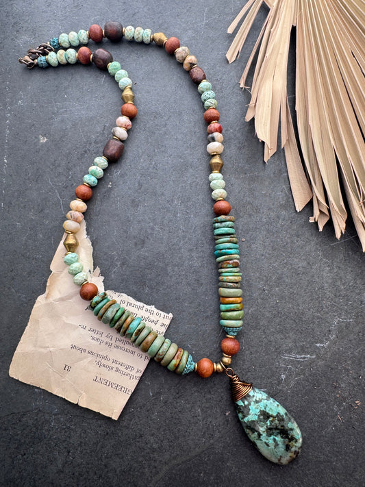 Hubei turquoise, sandalwood, agate, Peruvian turquoise, African beads, African turquoise, necklace