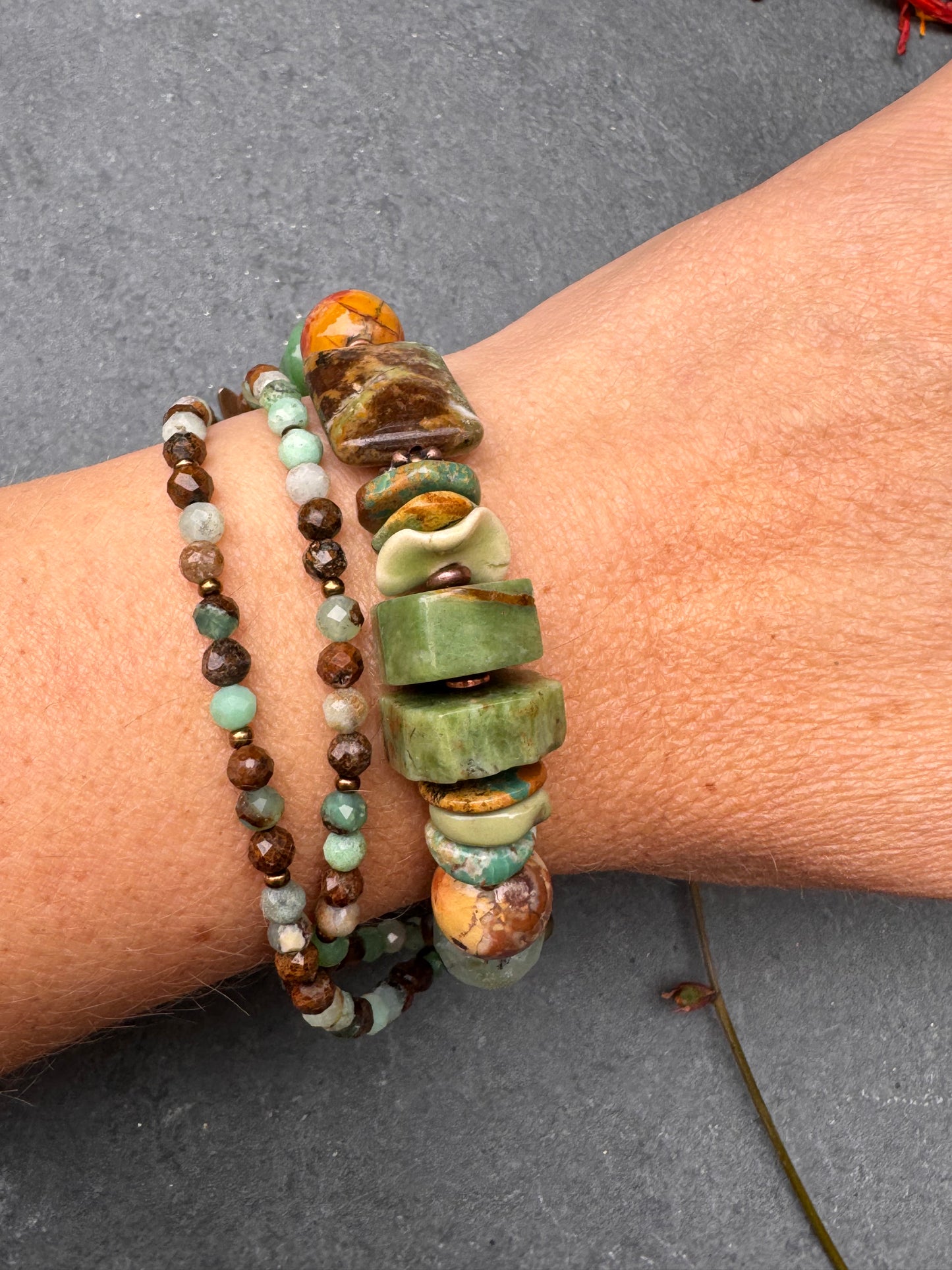 Green opal, Australian Chrysoprase, turquoise, copper metal, bracelet.