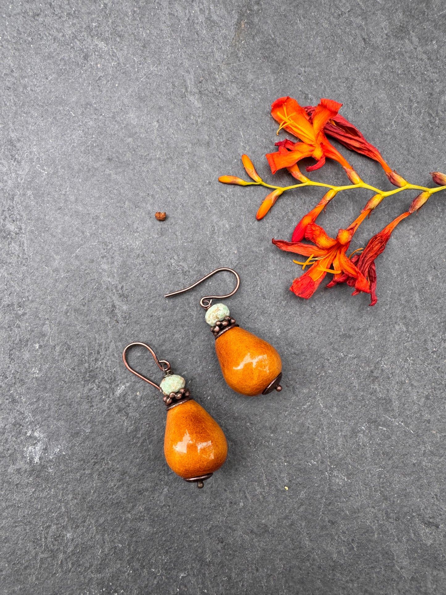 Ceramic yellow beads, turquoise stone and copper metal, earrings