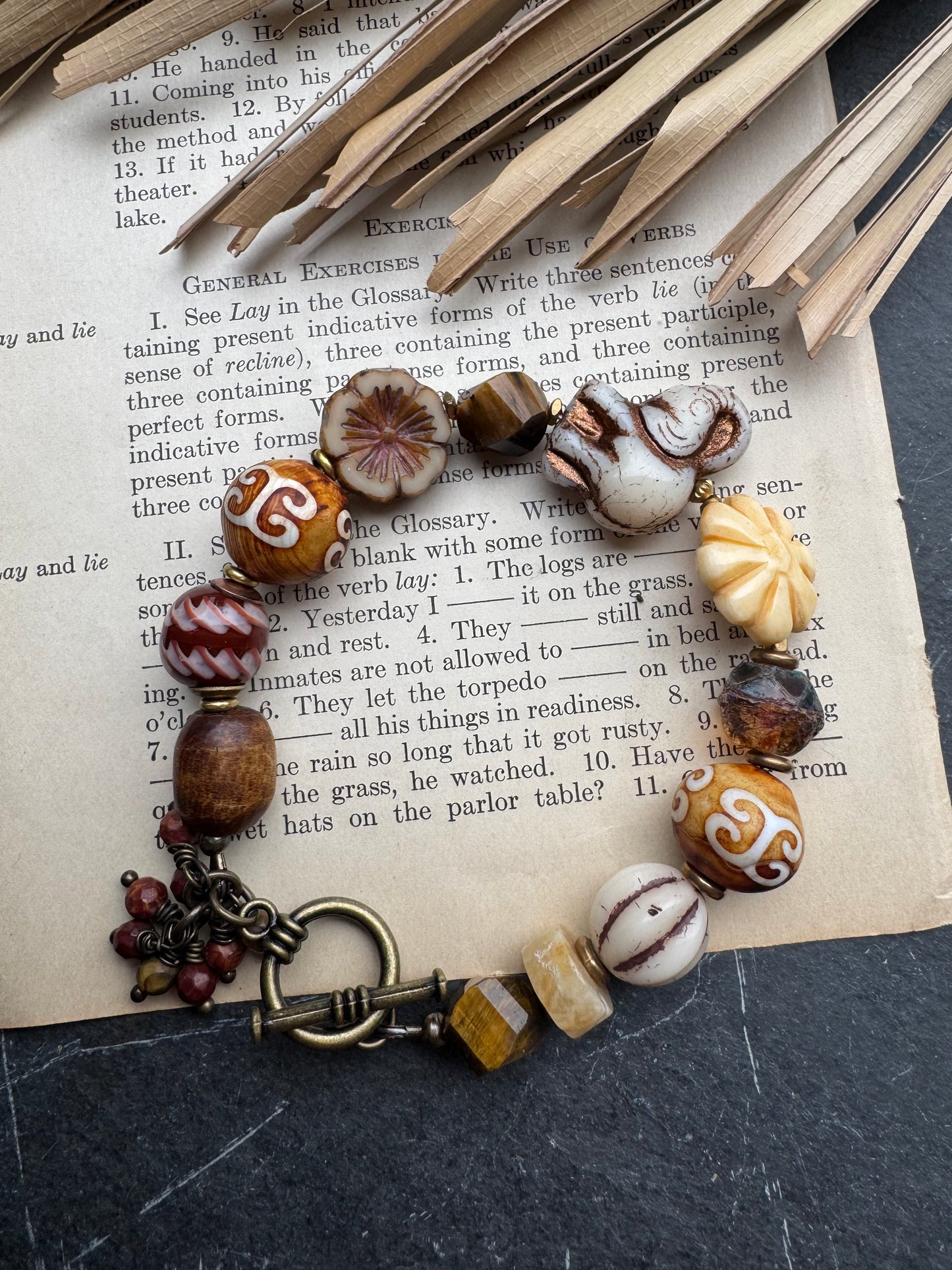 White Elephant. czech glass, African glass, Amazonite, wood, bone, tiger eye stone.