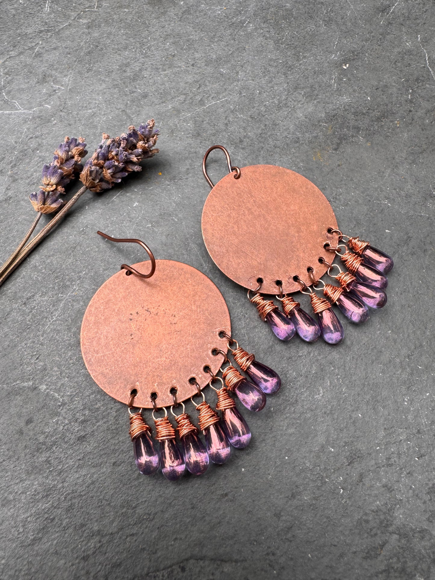 Purple czech glass drops, copper metal, earrings