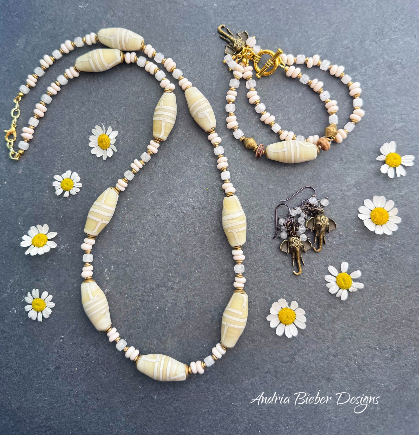 African glass, Java glass, moonstone, African brass necklace