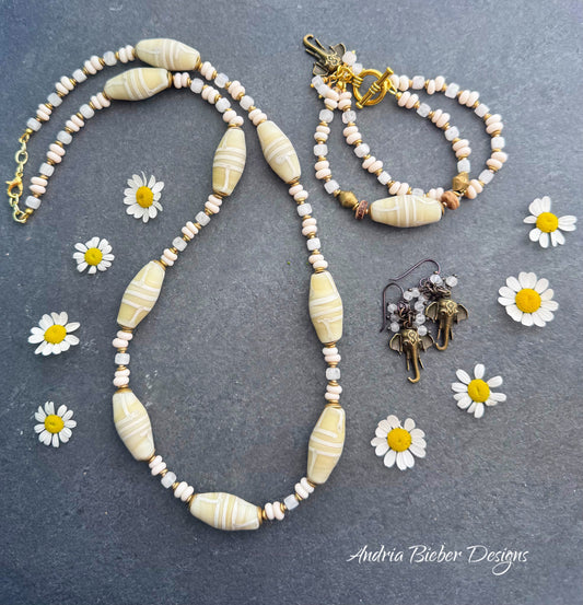 African glass, Java glass, moonstone, African brass necklace