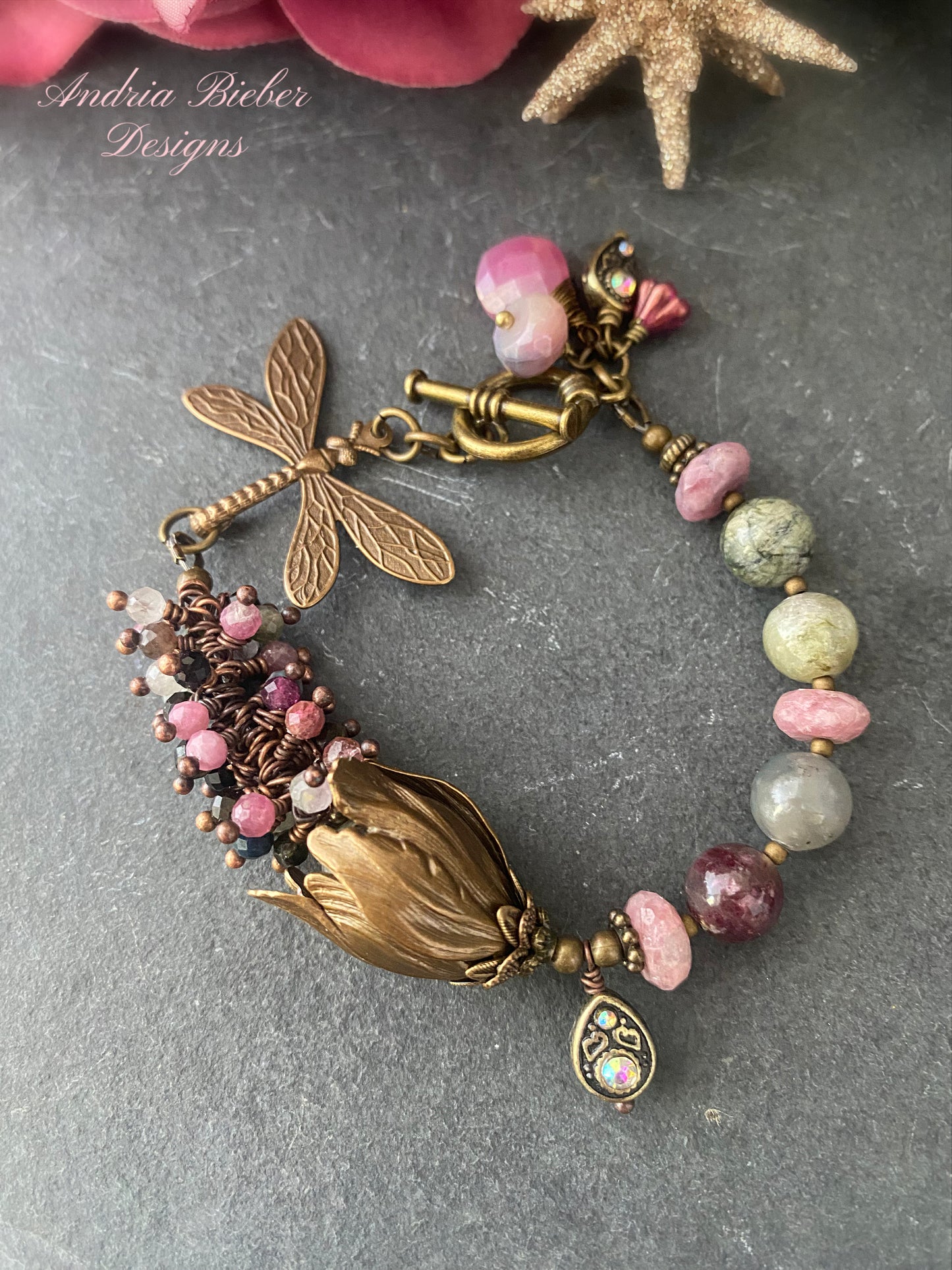 Watermelon tourmaline gemstone, dragonfly, charm bracelet
