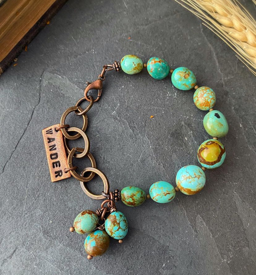Genuine turquoise stone, large chain, wander charm, bracelet