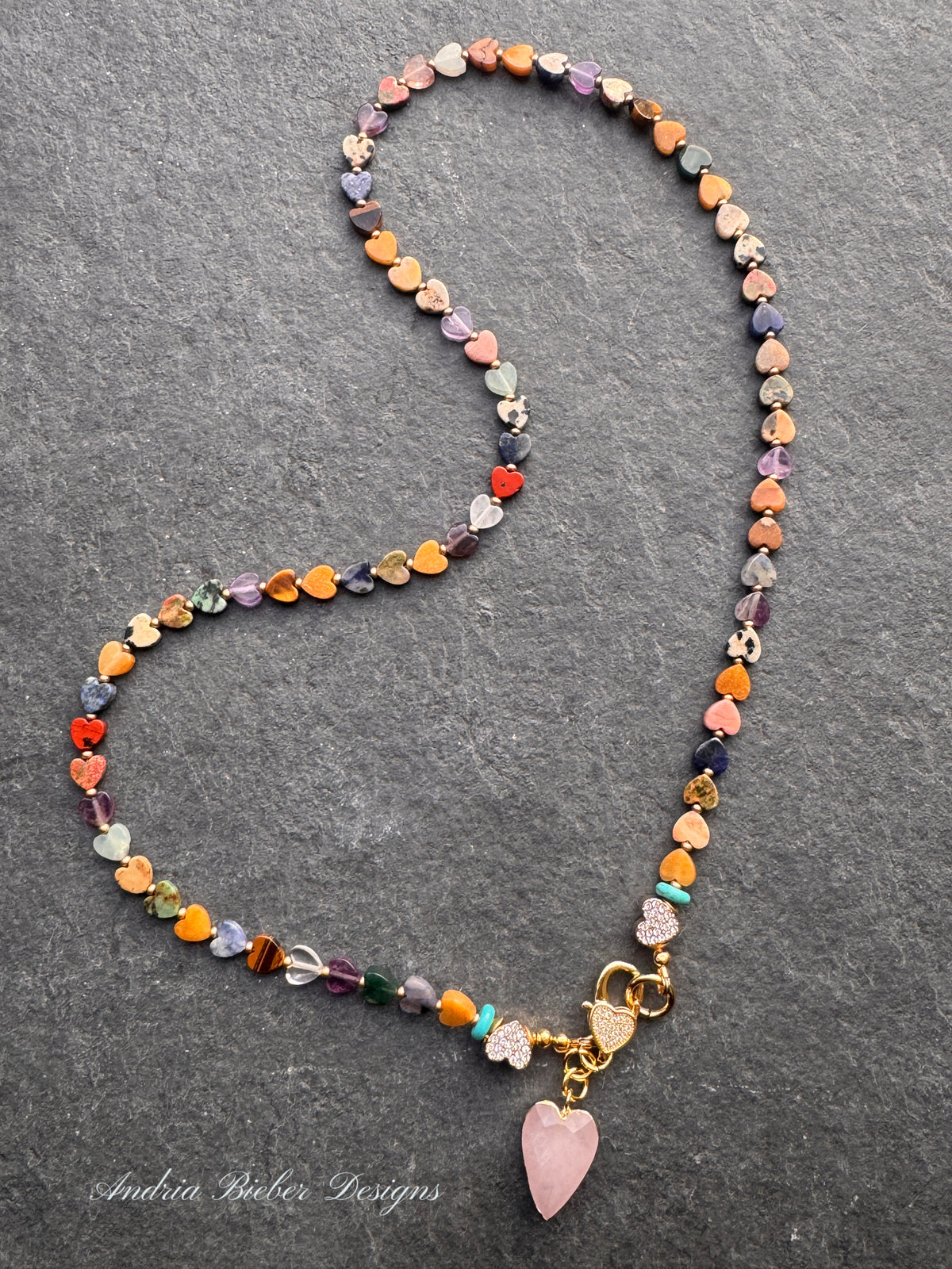 Mixed gemstone hearts, rhinestone beads, heart rose quartz pendant, and heart clasp, necklace