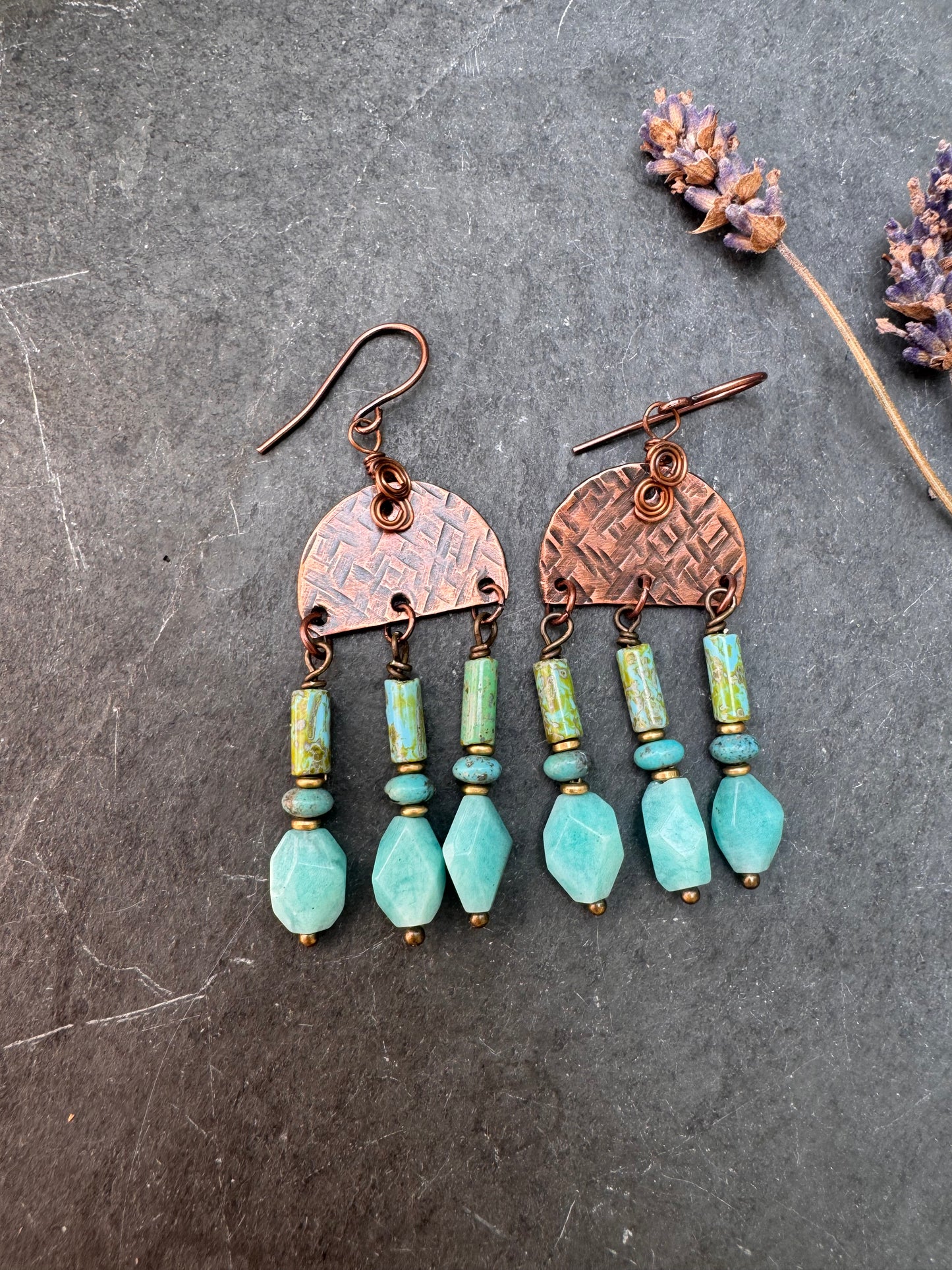 Amazonite stone, Czech glass, copper metal, earrings
