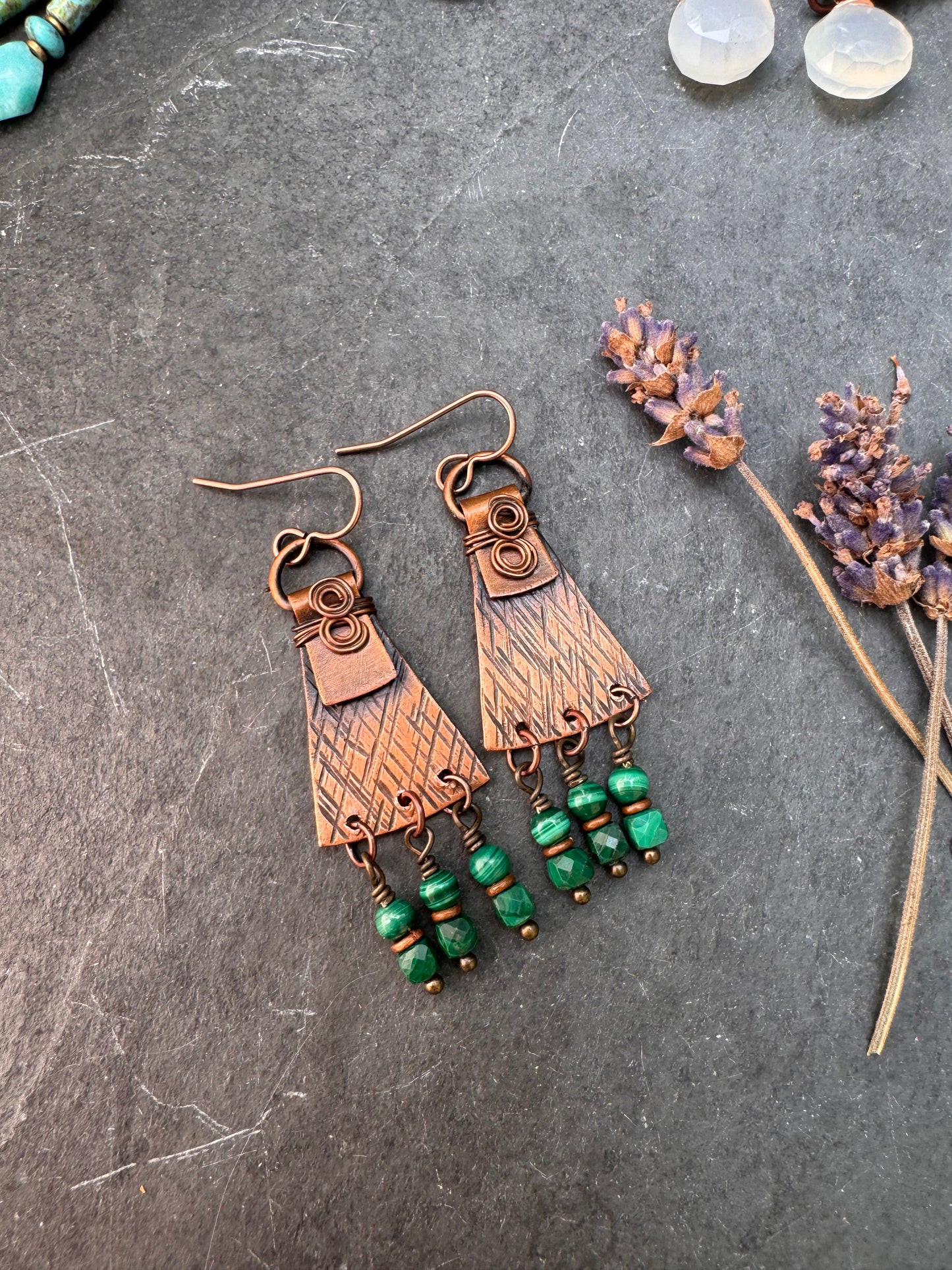 Malachite stone, copper metal, earrings