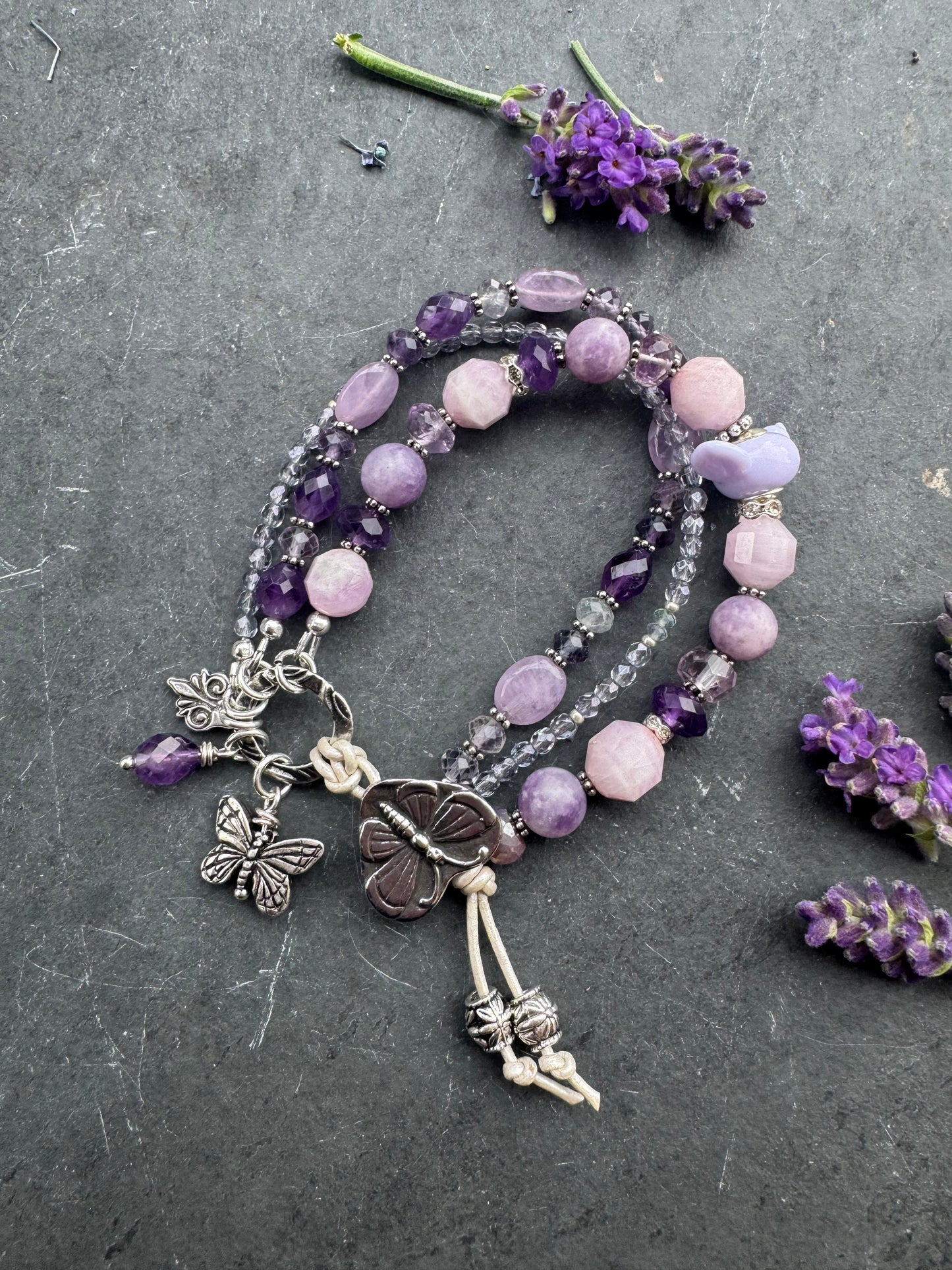 Amethyst stone, fluorite, kunzite, lampwork glass bird, fire polish, Butterfly button, silver metal, bracelet