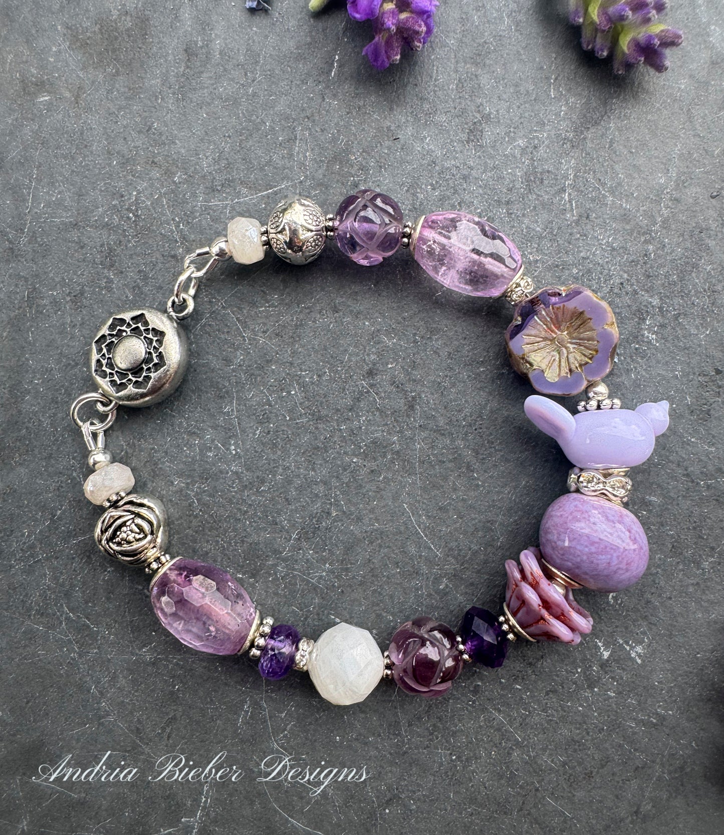 Amethyst stone, moonstone m, lampwork glass bird, magnet, clasp,silver metal, bracelet