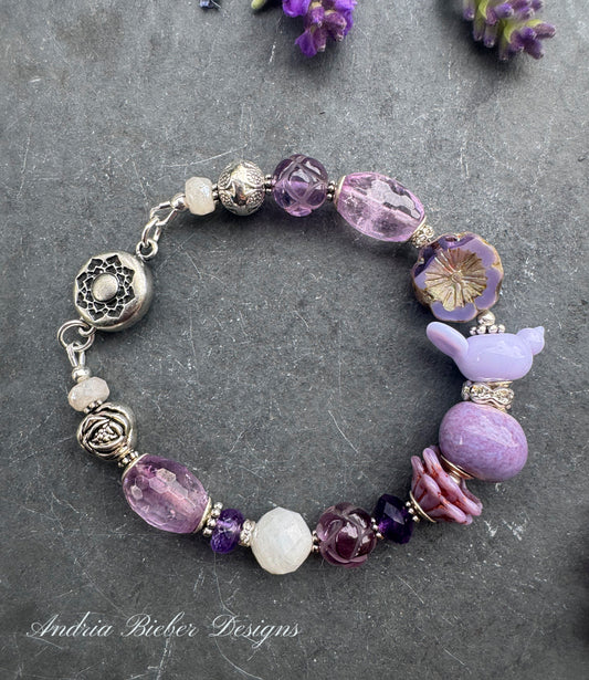 Amethyst stone, moonstone m, lampwork glass bird, magnet, clasp,silver metal, bracelet