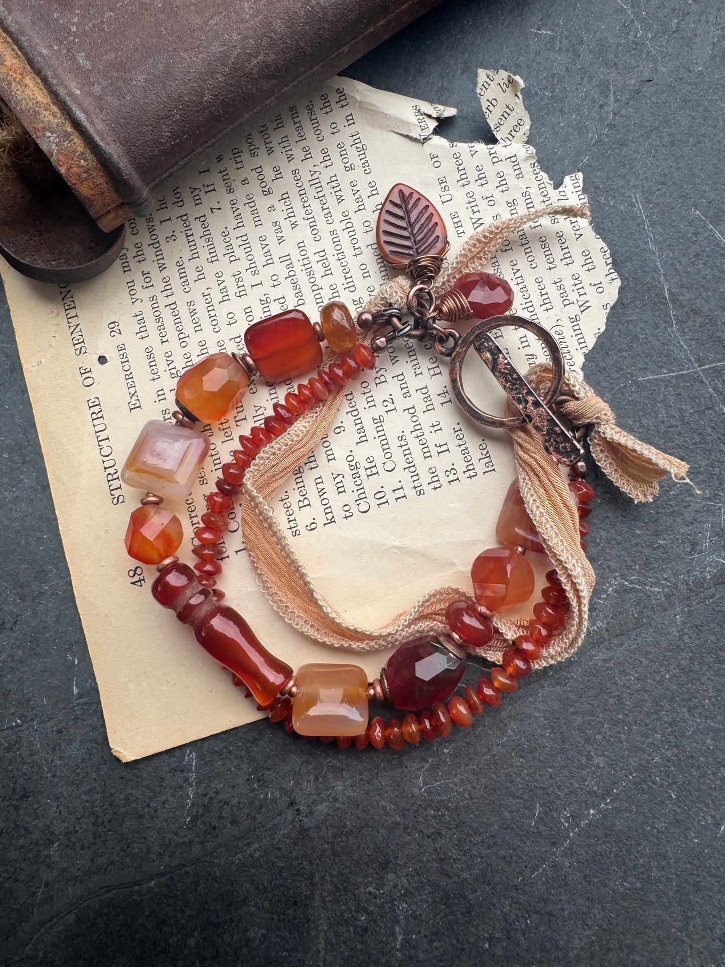 carnelian agate, silk ribbon, copper, bracelet
