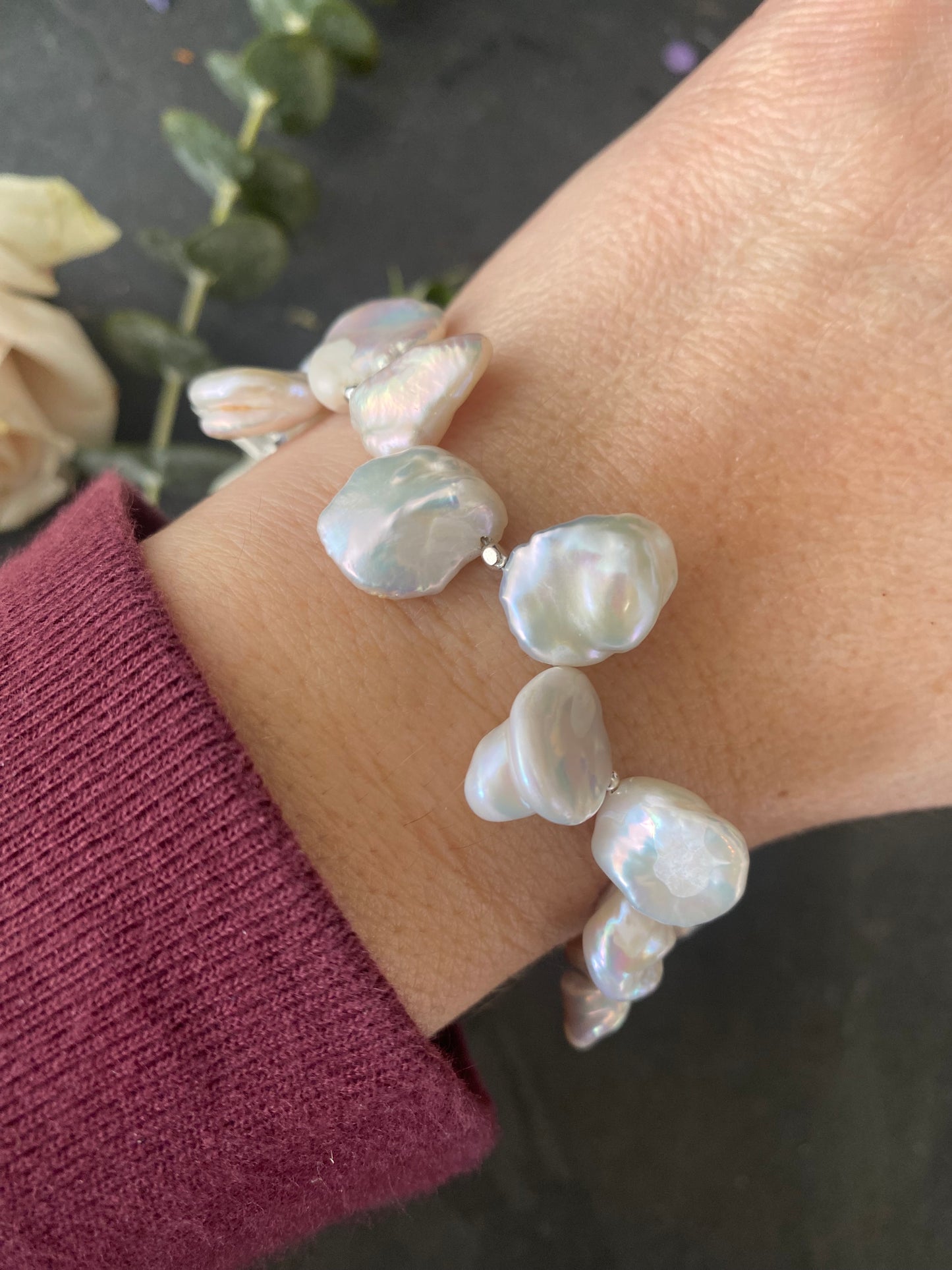 White Baroque Pearl Beads, Natural Freshwater, tribe hill sterling silver, bracelet