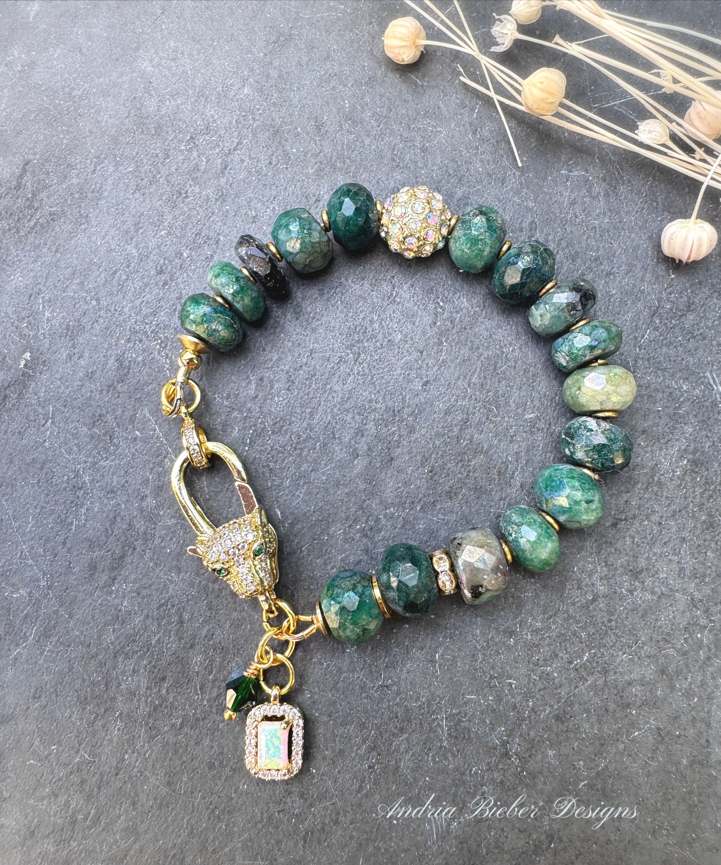 Emerald leopard. Emeralds, rhinestone, bracelet.