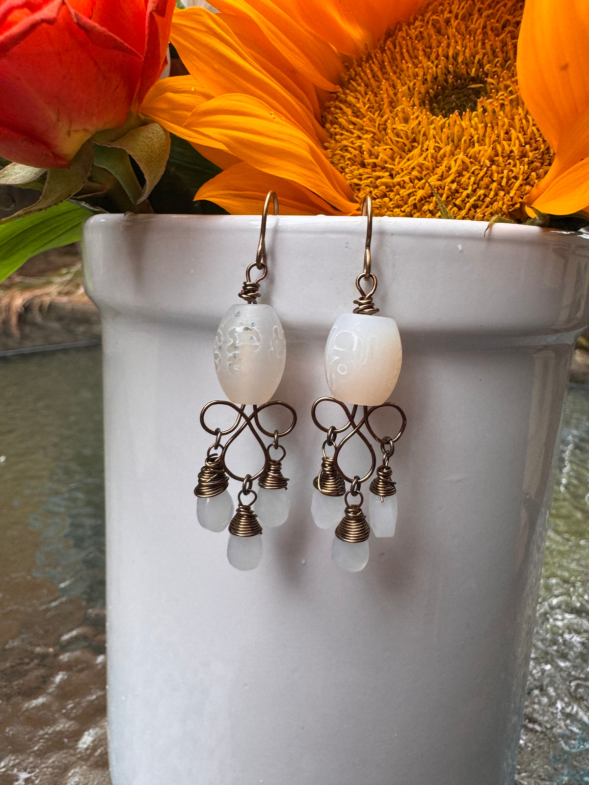 White dzi agate, moonstone, antiqued brass metal, earrings
