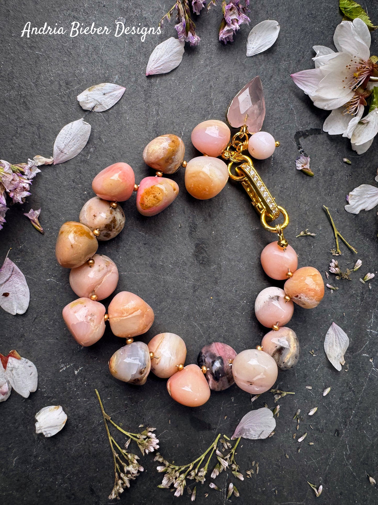 Pink opal stone, rhinestone gold clasp, rose quartz, bracelet.