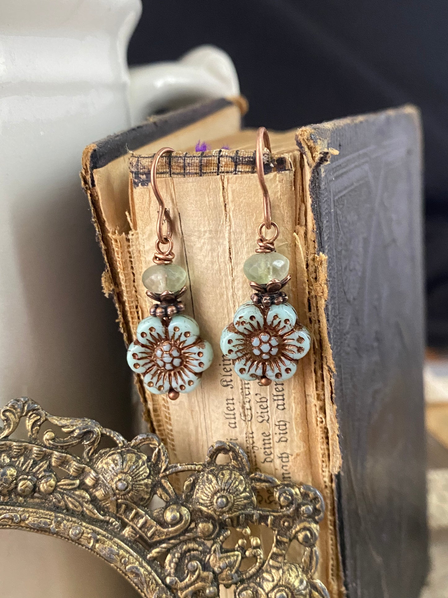 Flower Czech glass in light green and blue, copper metal earrings, jewelry