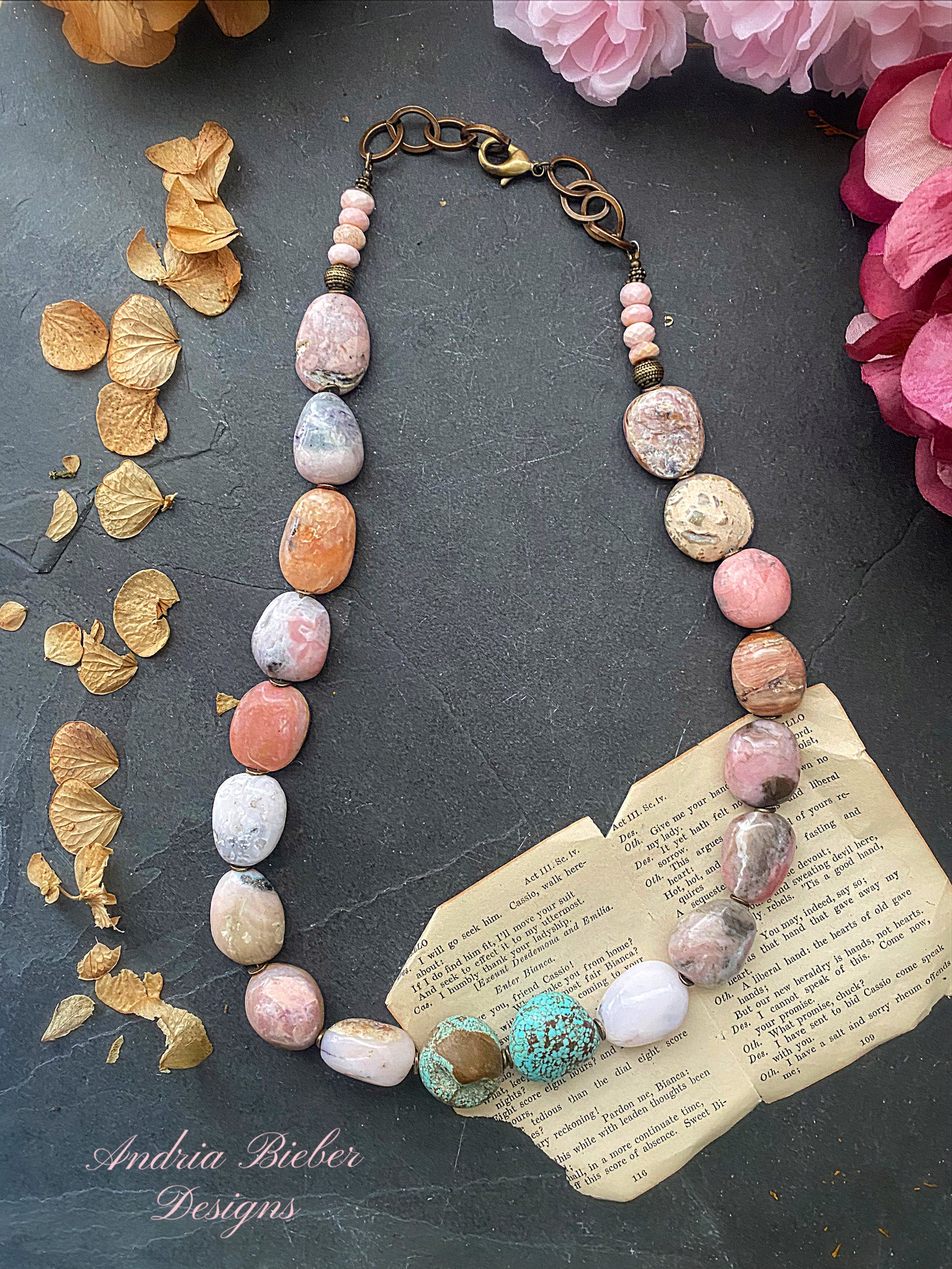 Pink opal chunk stone, number 8 turquoise chunk stones, bronze metal, necklace