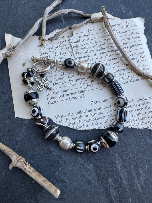 Black and white stone, African beads, wood, and silver metal, bracelet, jewelry