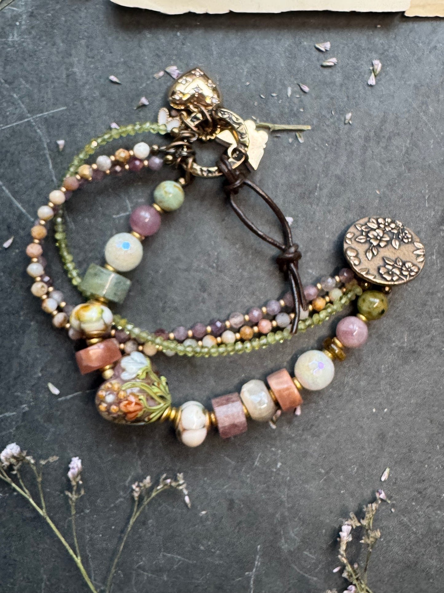 Spring garden. Mixed gemstone, lampwork glass, flower button clasp.