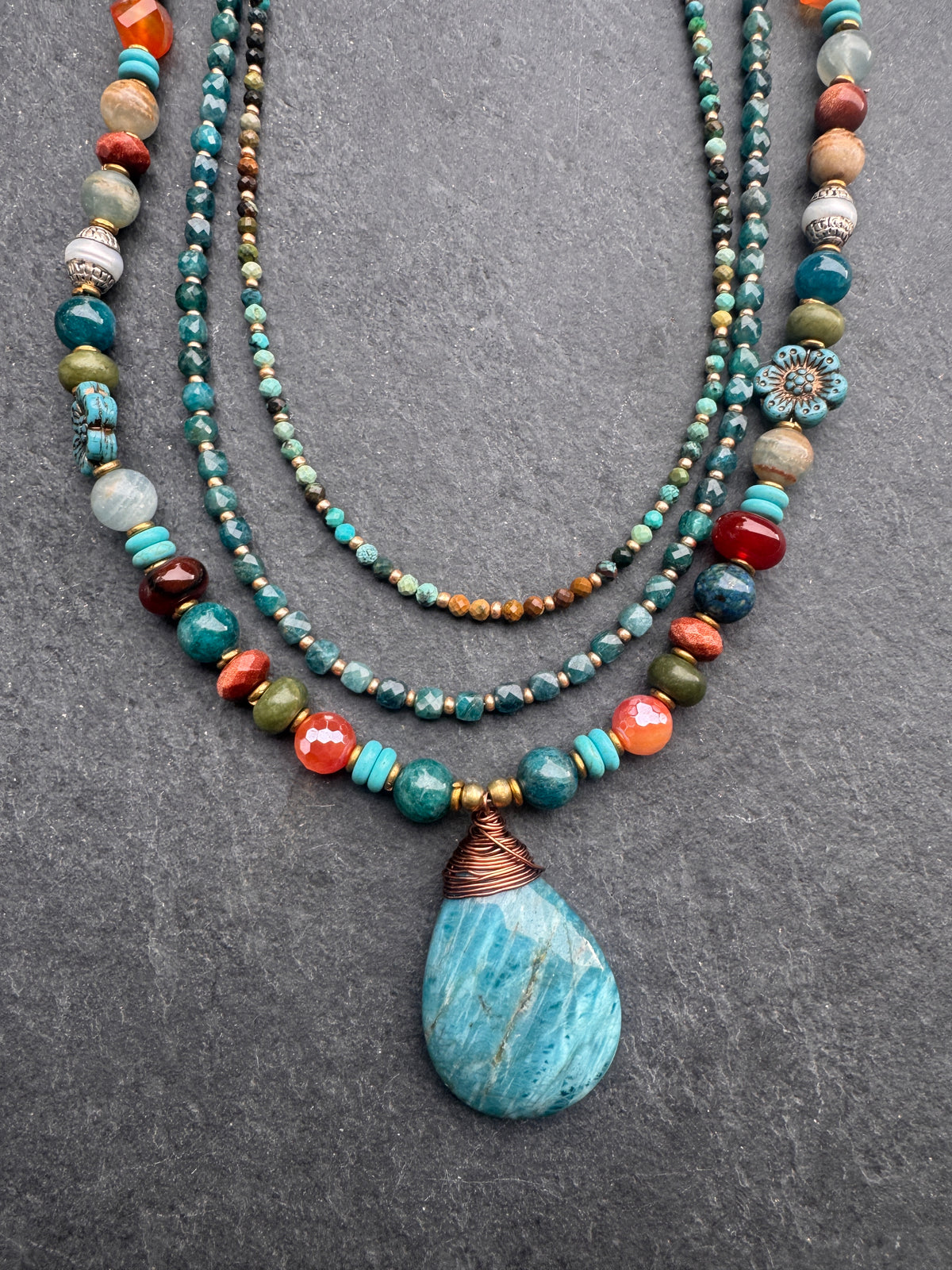Apatite, Carnelian agate, Sunstone, turquoise, olivine, Lemurian Blue Calcite, Czech glass, pearls, wood, African brass, necklace, jewelry
