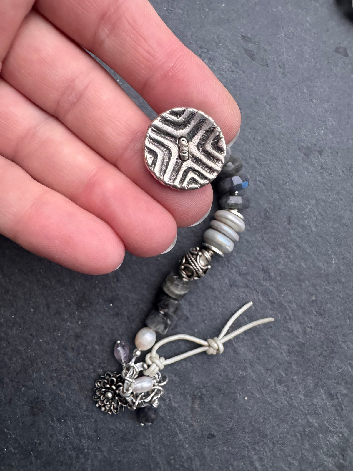 labradorite, pearls, silver metal, button, bracelet