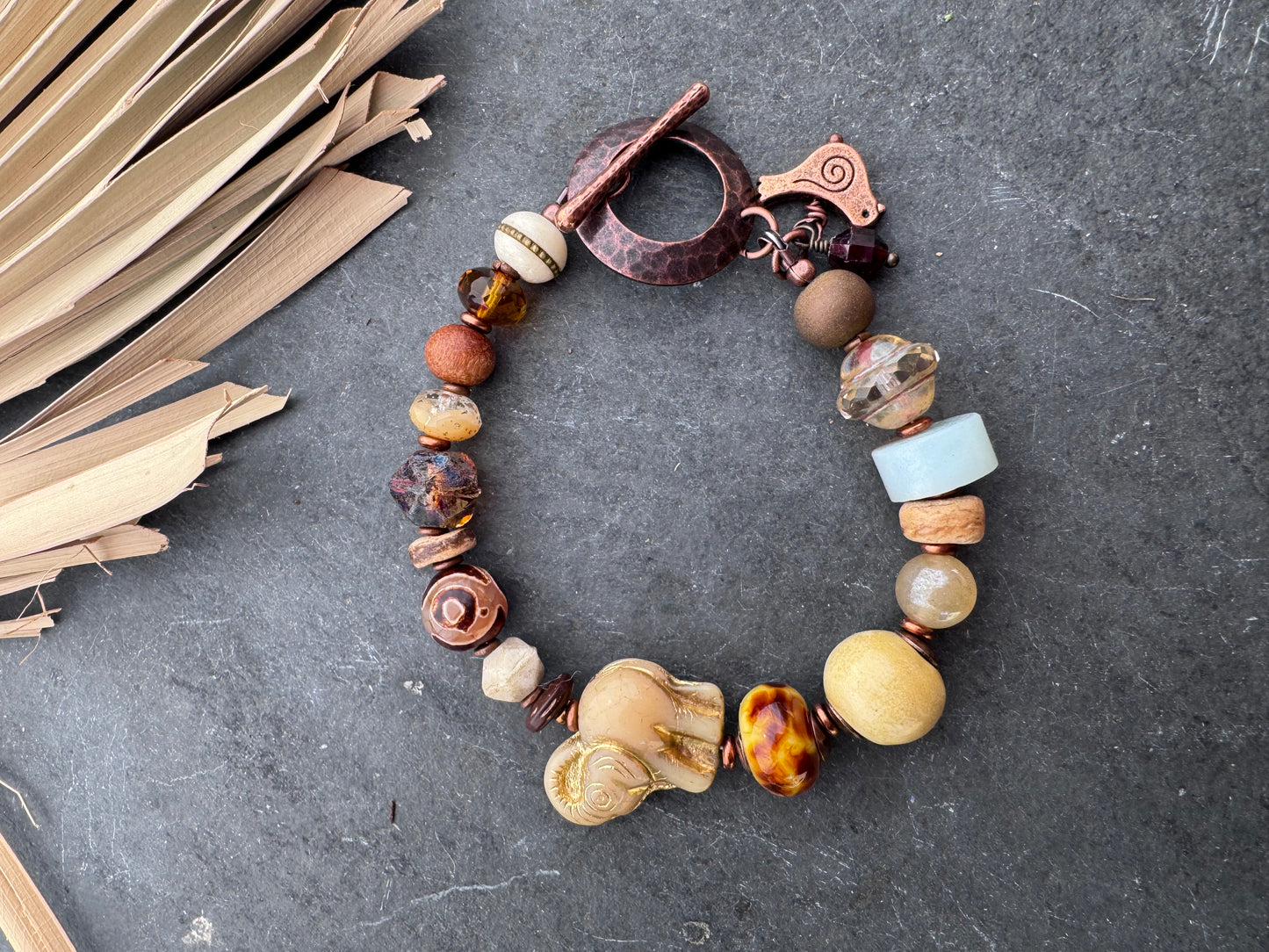 Lampwork glass, Czech glass, ceramic, Amazonite, copper bracelet