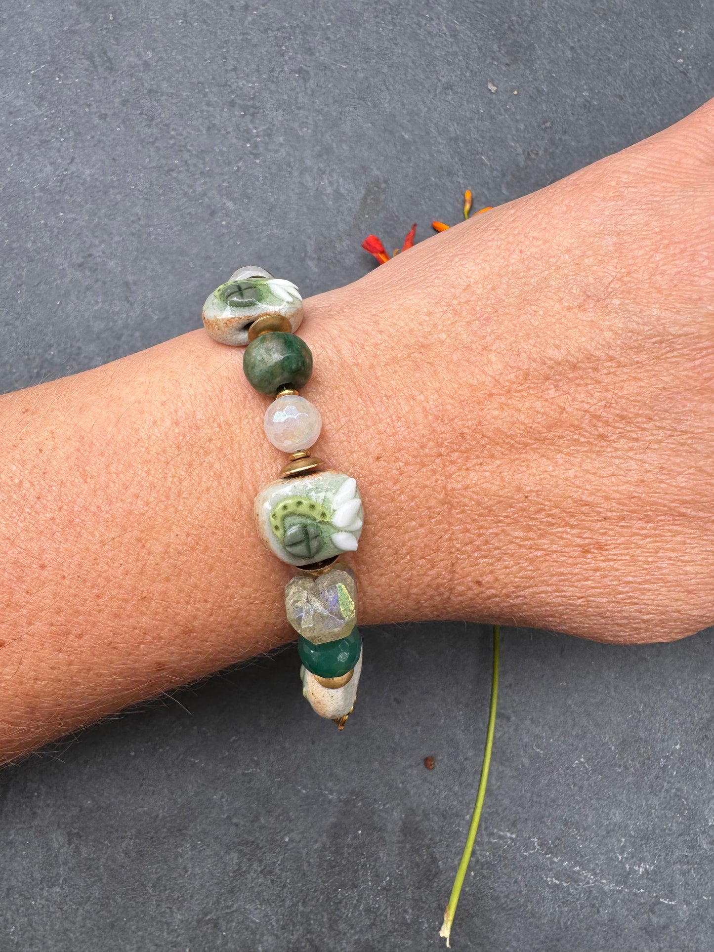 Moonstone, ceramic lotus flower beads, green chalcedony, moonstone, pearl, AB chalcedony, gold metal, bracelet