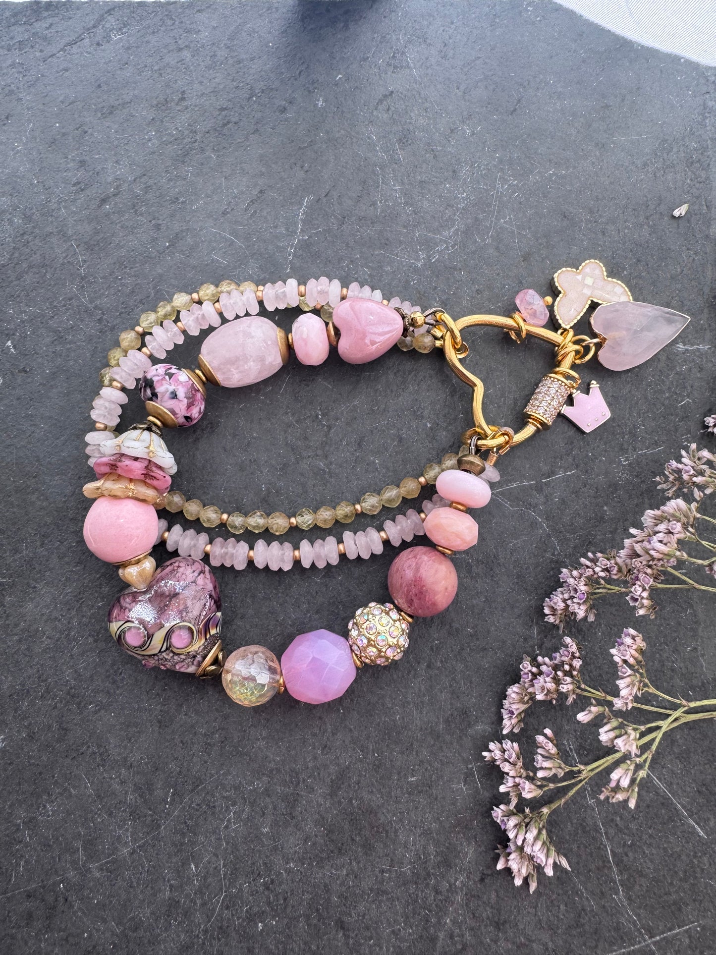 Pink love. lampwork glass, rose quartz, citrine, ceramic, moonstone, pink opal, rhinestone and Czech glass bracelet.