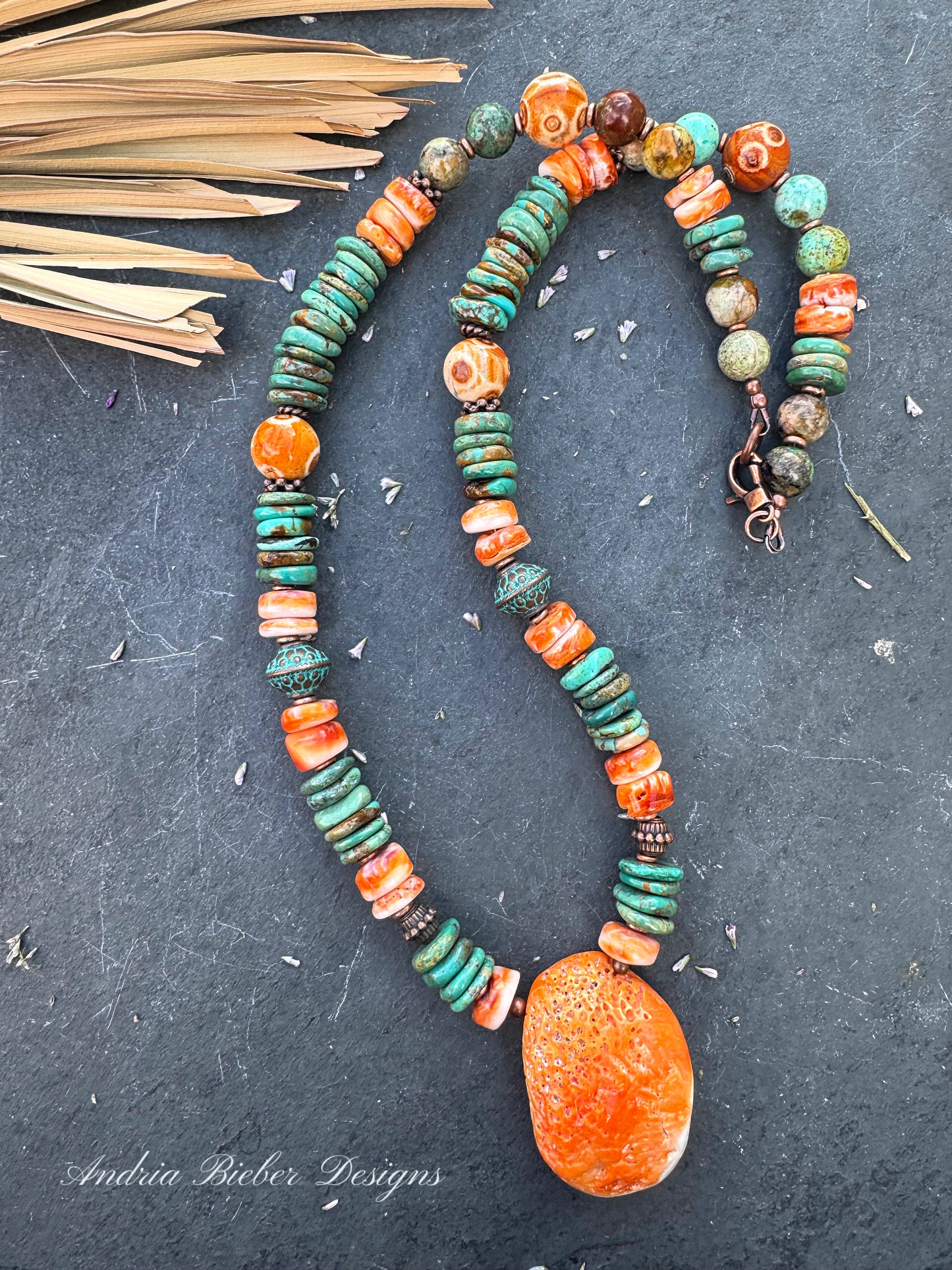 Hubei turquoise, spiny oyster, Peruvian Pine stone, copper metal, necklace