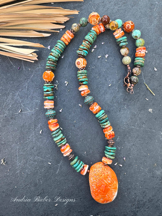 Hubei turquoise, spiny oyster, Peruvian Pine stone, copper metal, necklace