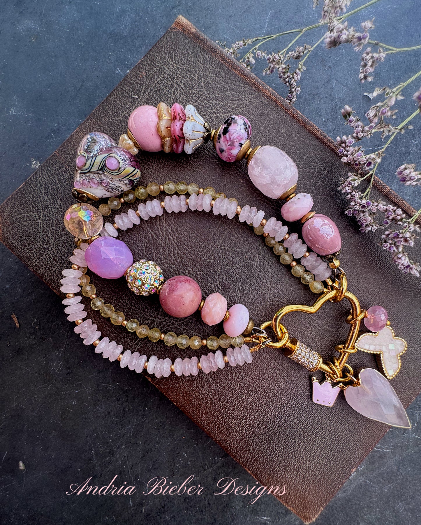 Pink love. lampwork glass, rose quartz, citrine, ceramic, moonstone, pink opal, rhinestone and Czech glass bracelet.