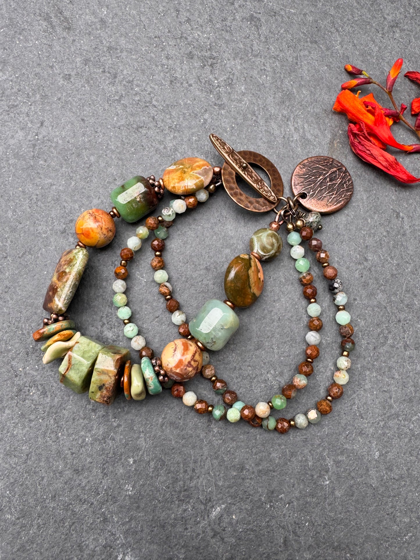 Green opal, Australian Chrysoprase, turquoise, copper metal, bracelet.