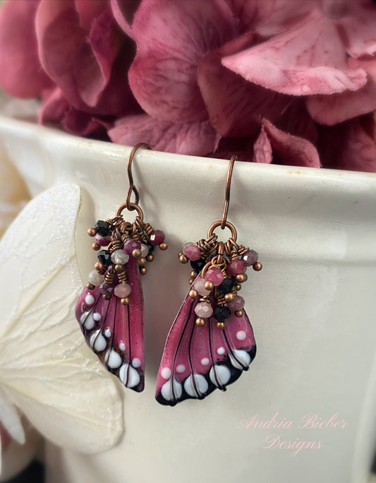 Pink and black Butterfly enamel charms, watermelon tourmaline, copper metal, earrings