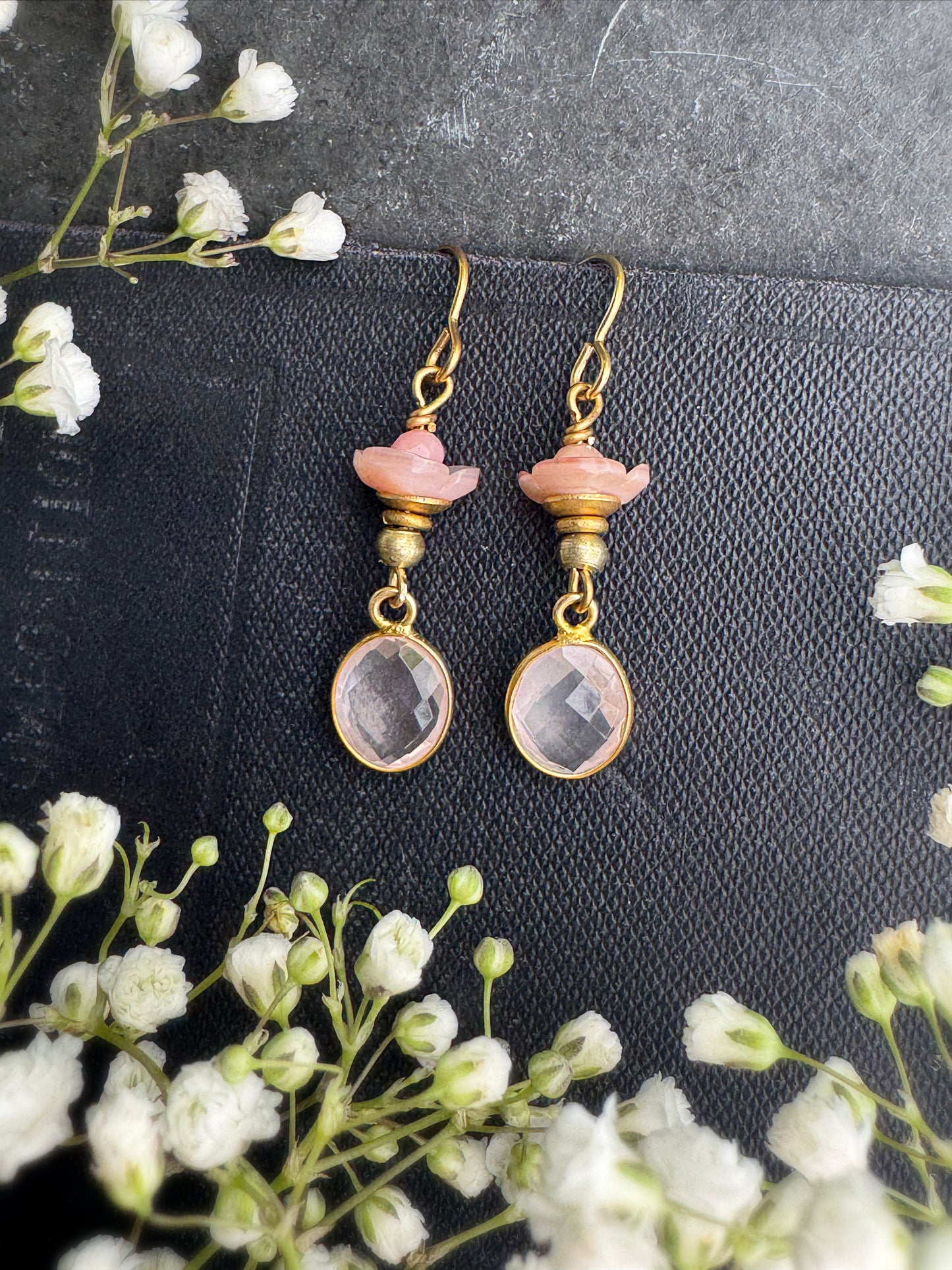 Pink opal, vermeil gold rose quartz drops, pink shell blossoms, gold metal, earrings