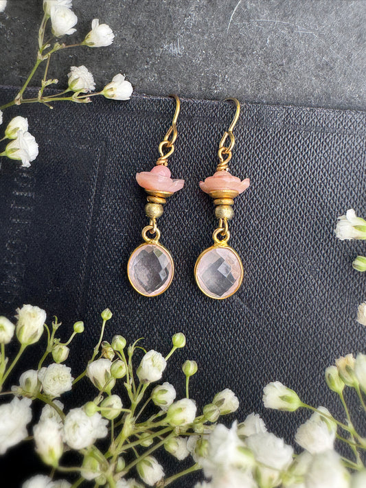 Pink opal, vermeil gold rose quartz drops, pink shell blossoms, gold metal, earrings