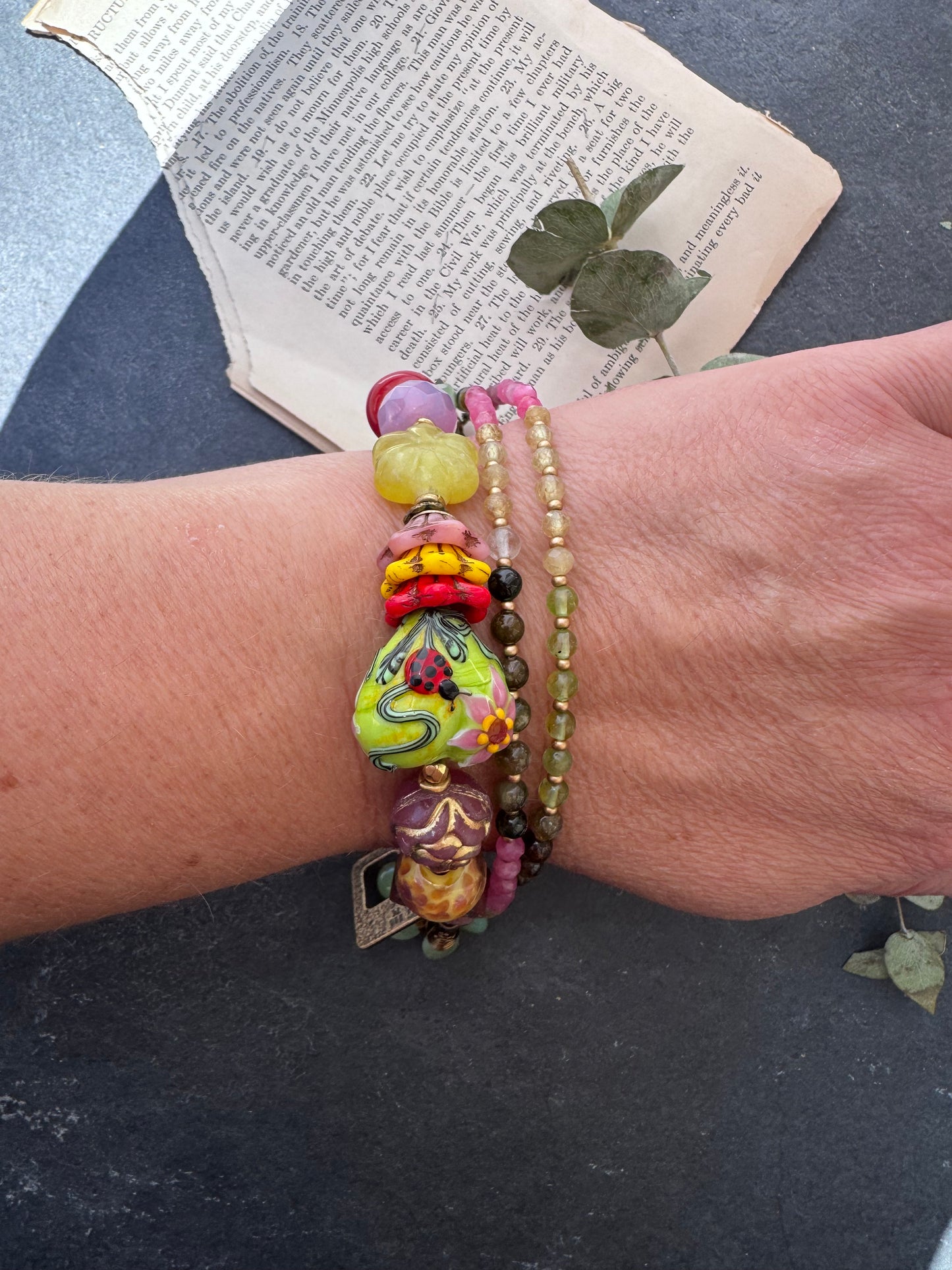Lampwork glass,mixed stone, tourmaline, Czech glass, wood, bracelet.