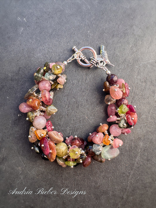 Watermelon tourmaline chip stone, wrapped stone, silver, bracelet