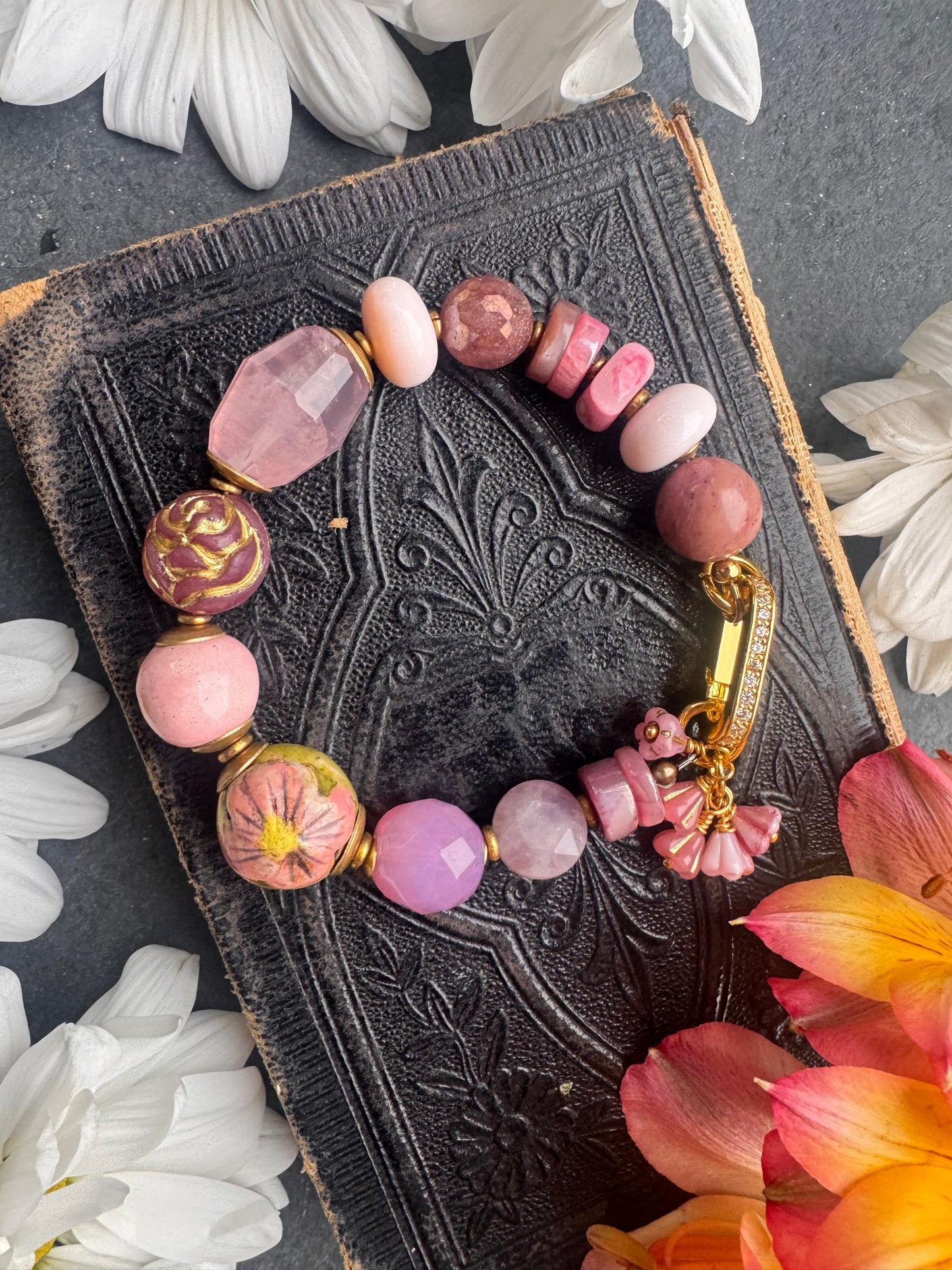Pink gemstone blend, ceramic, Czech glass and gold metal bracelet.