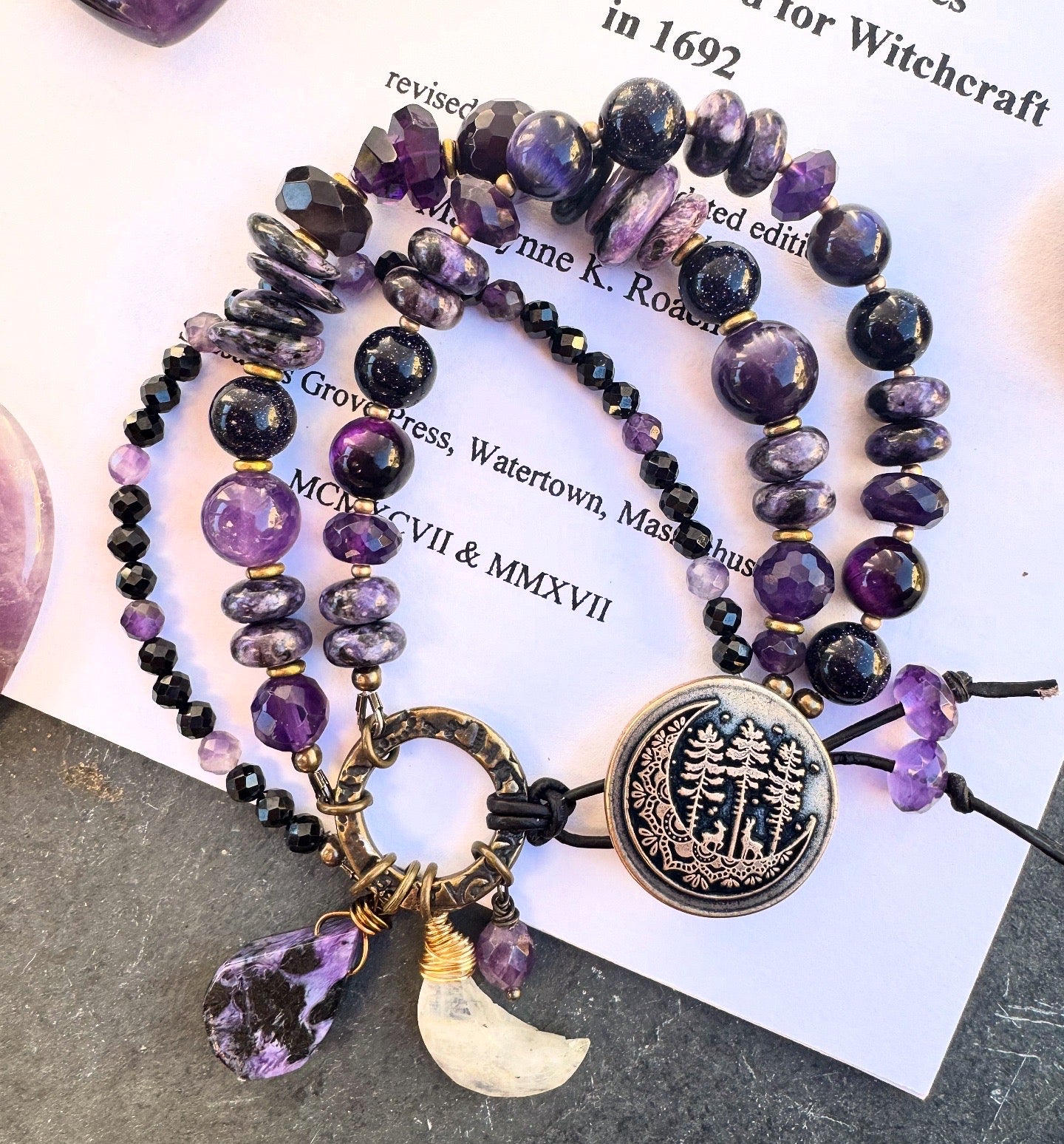 Moon and trees bronze button, amethyst, Onyx, purple goldstone, Charoite and purple tigers eye, Moonstone, bracelet