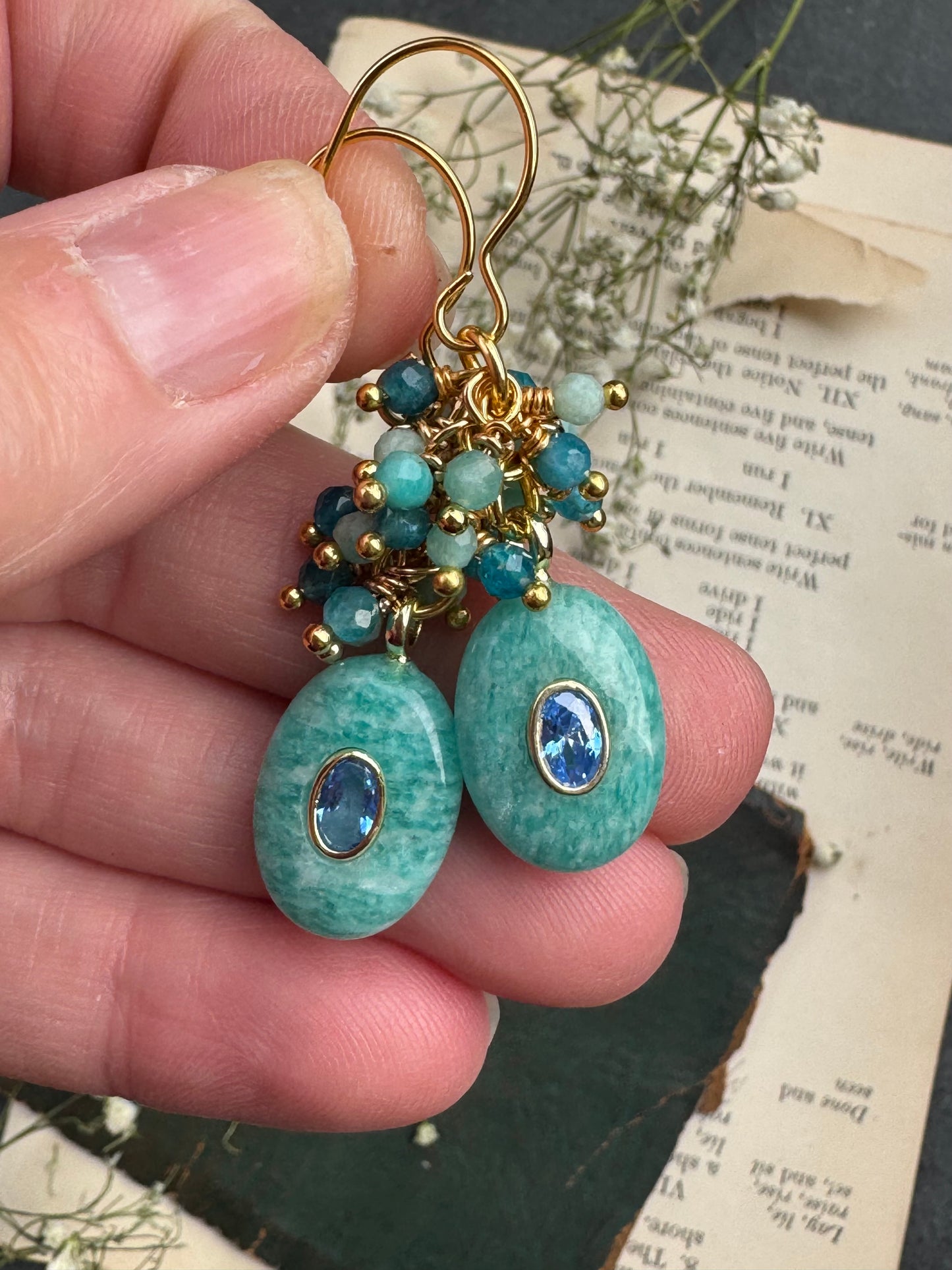 Amazonite, apatite, crystal, gold metal, drop earrings