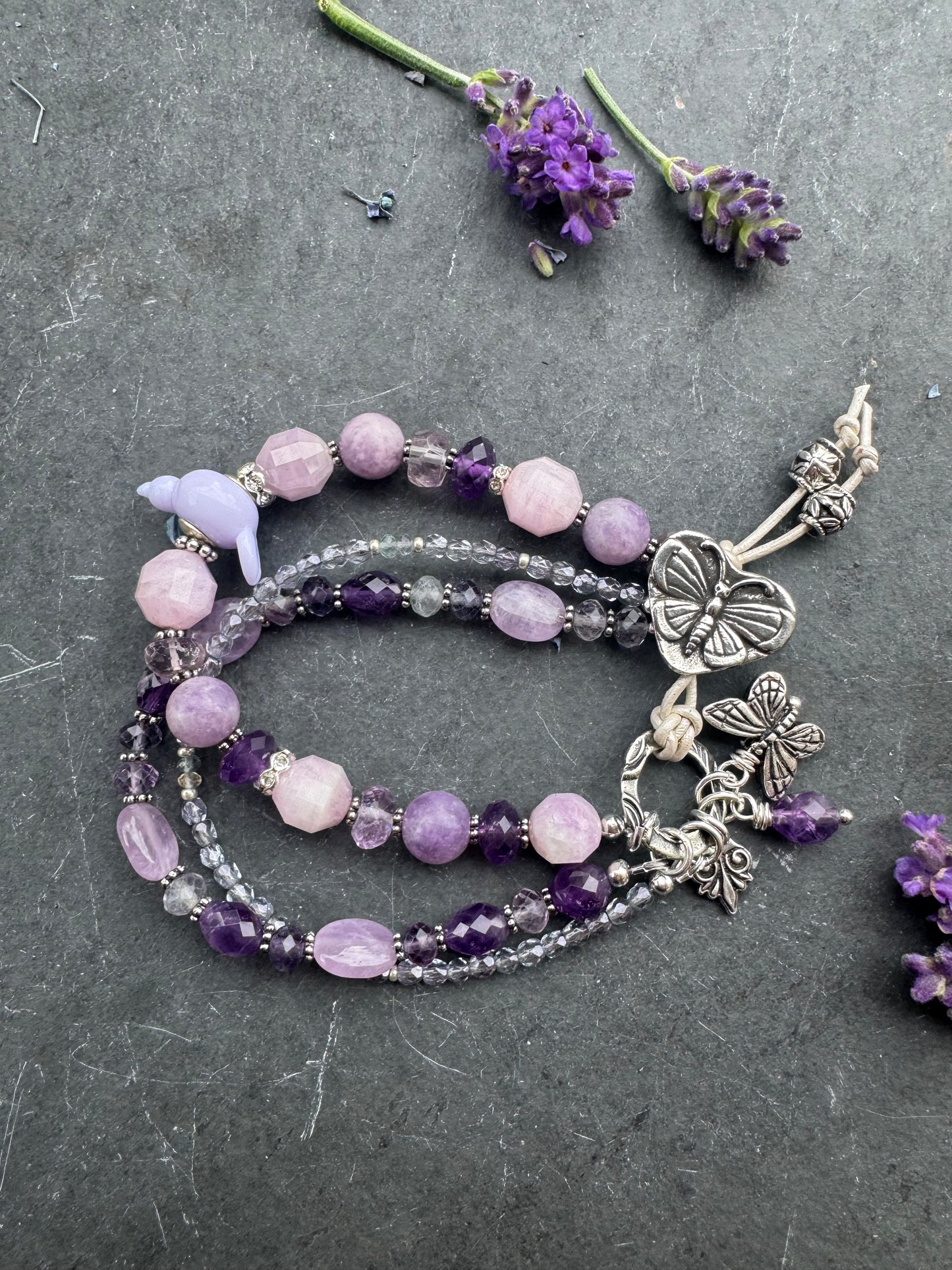 Amethyst stone, fluorite, kunzite, lampwork glass bird, fire polish, Butterfly button, silver metal, bracelet