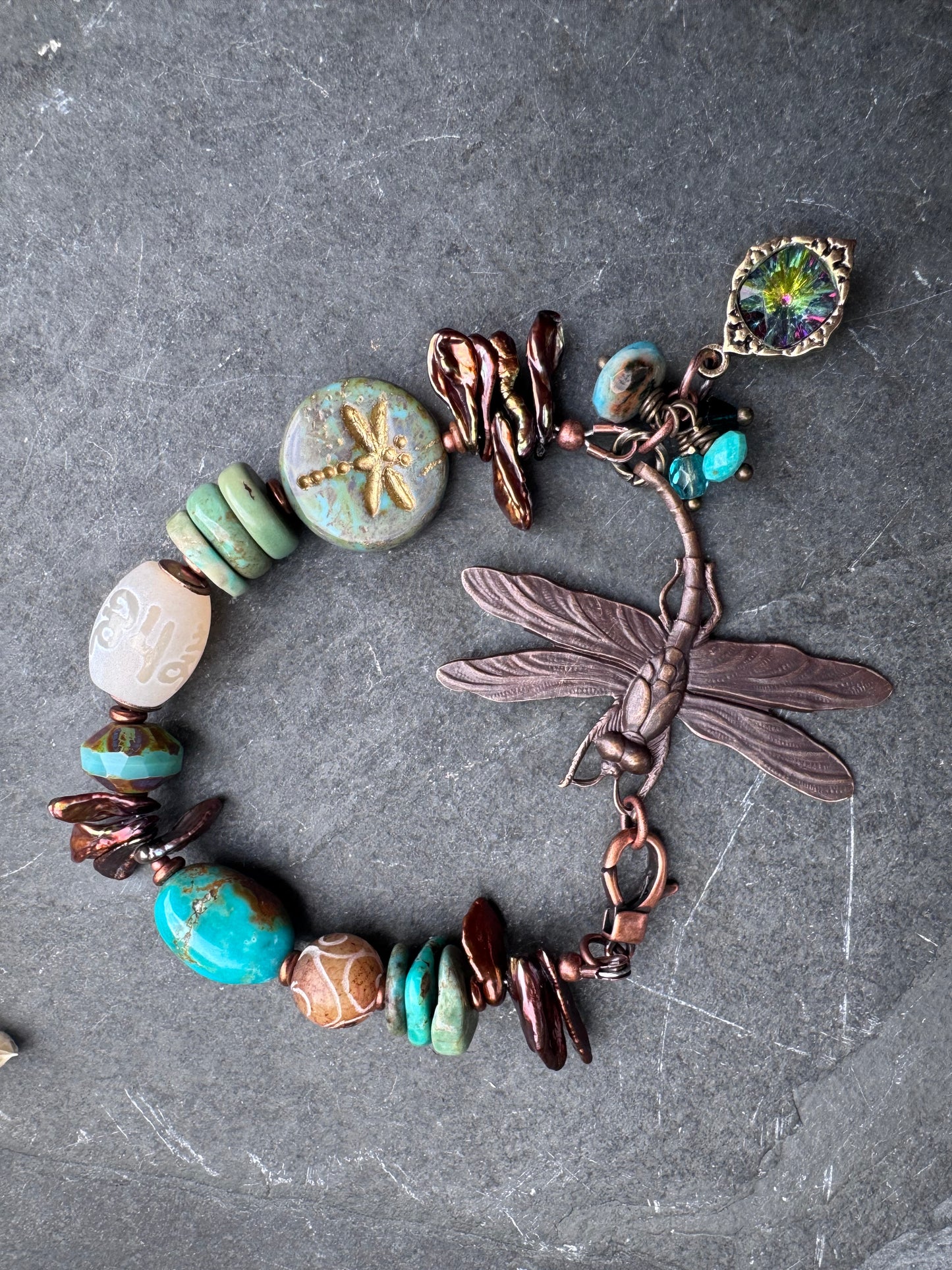 Dragonfly. Turquoise, agate, pearls, Czech glass, bracelet
