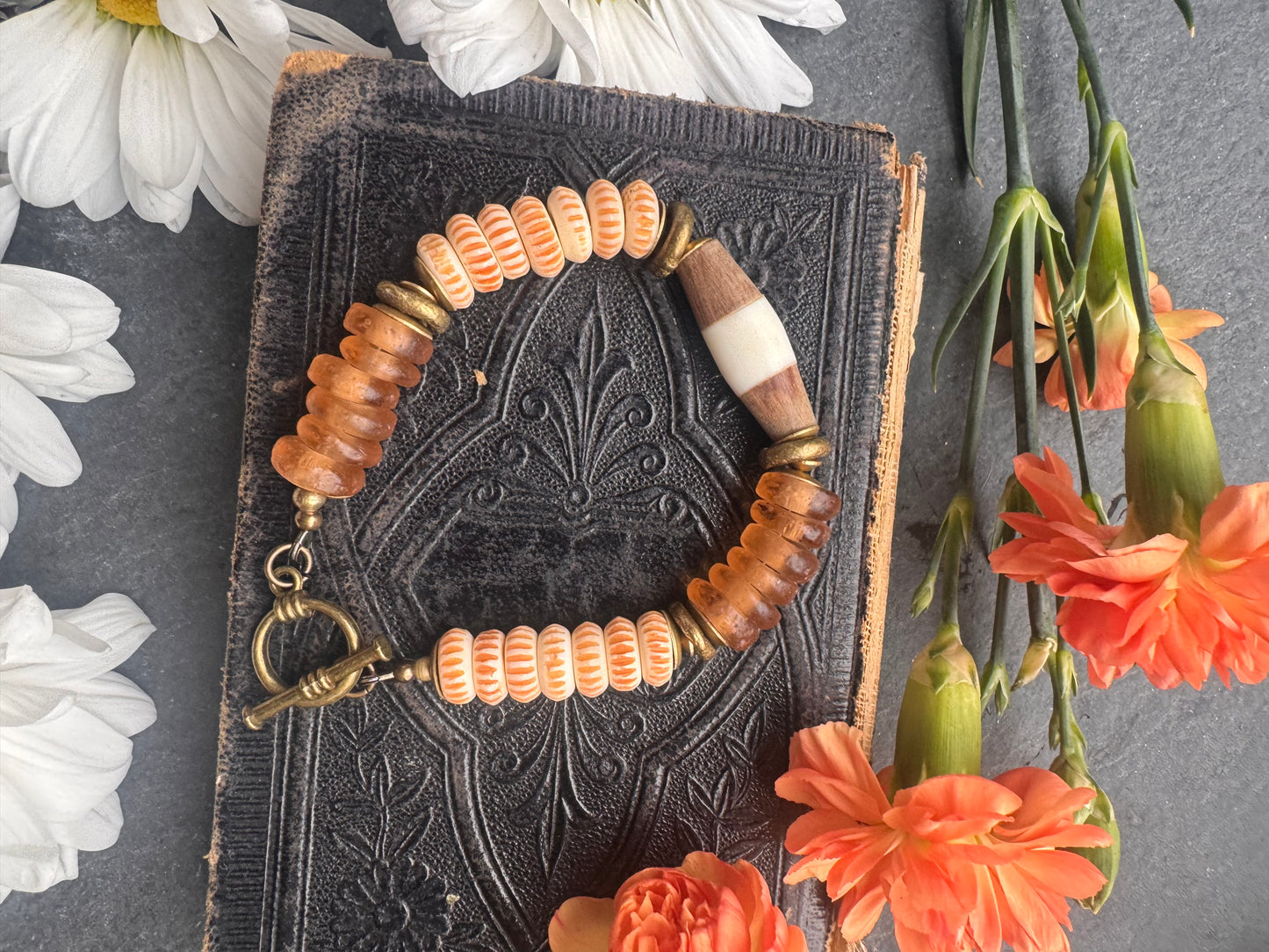 African glass, wood, bone and brass metal, bracelet