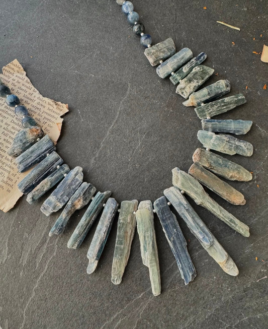 Kyanite gemstone, silver metal, necklace, jewelry